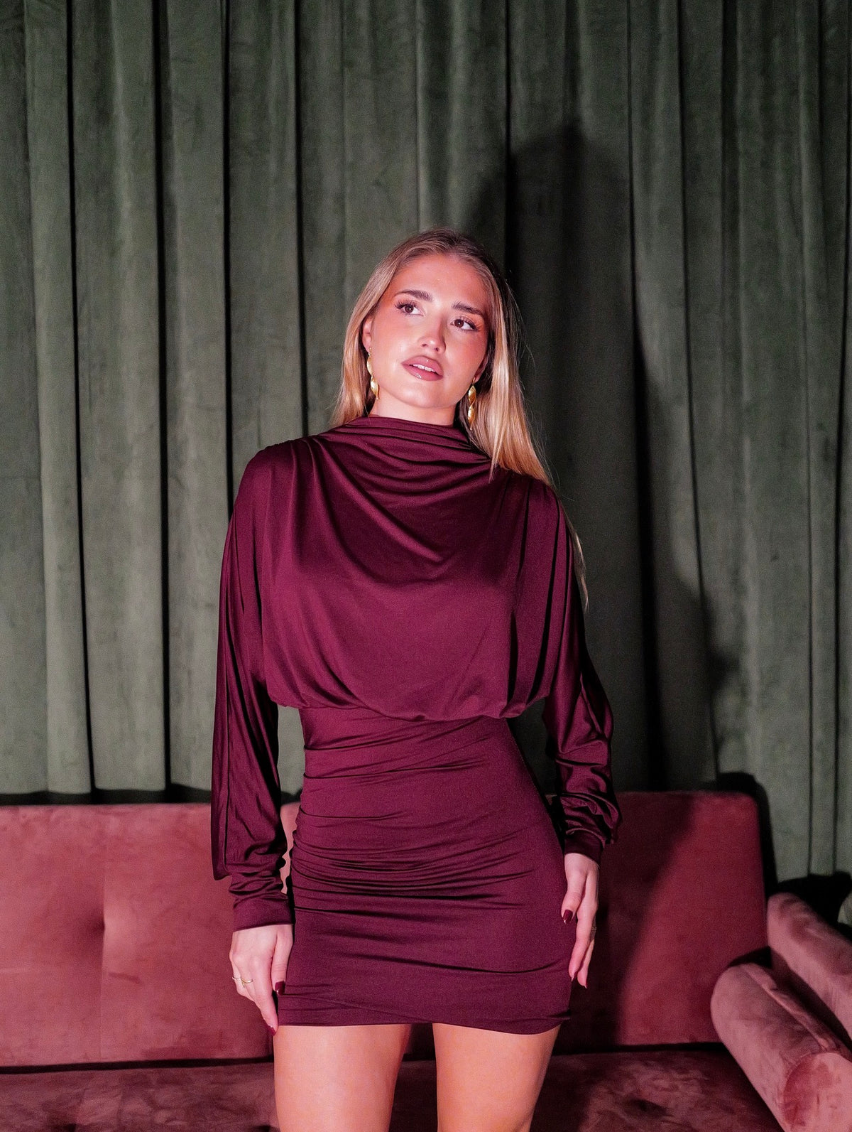 Burgundy mini dress with gathered shoulders