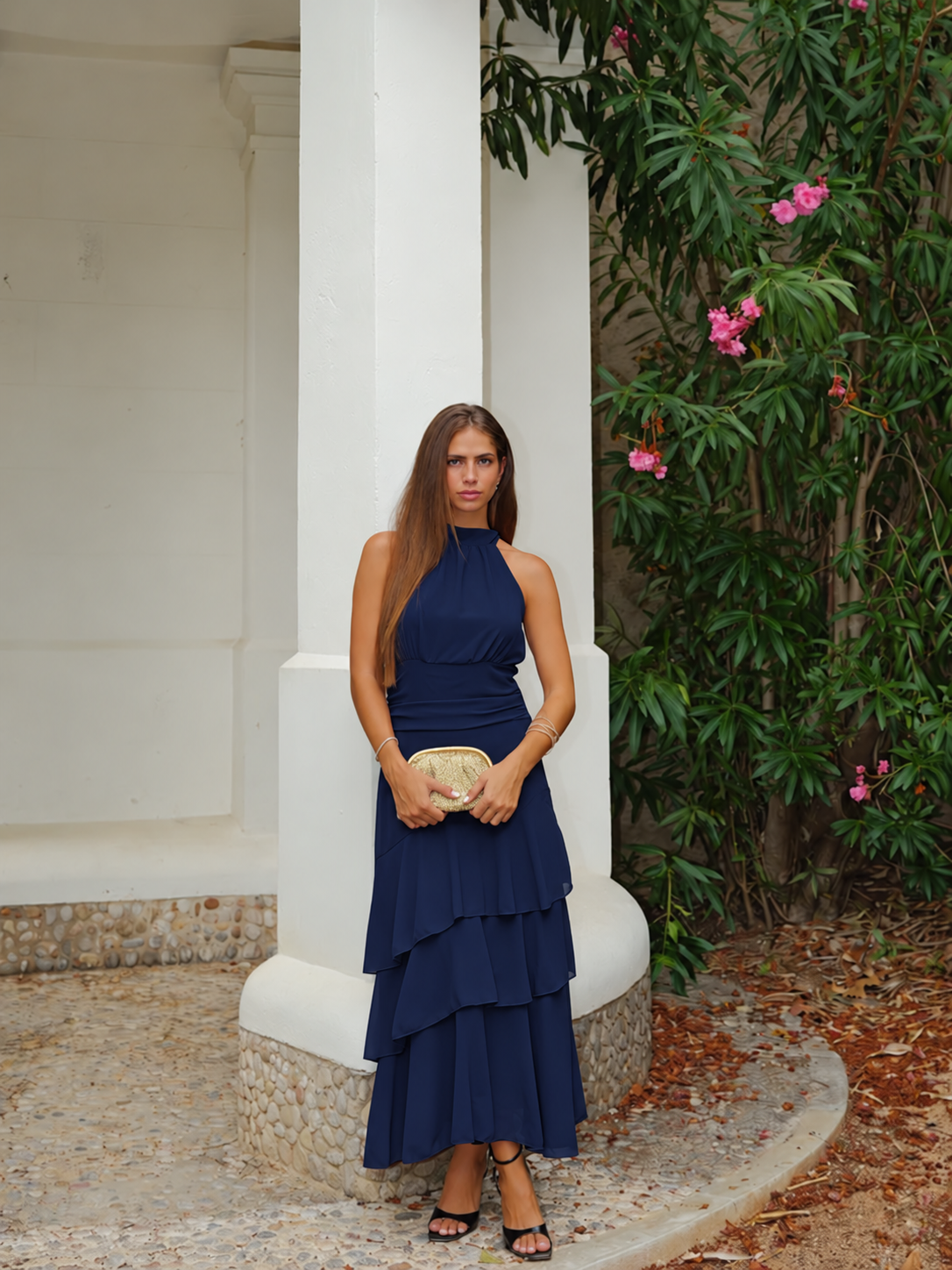 Robe midi bleu marine à nœud et encolure halter