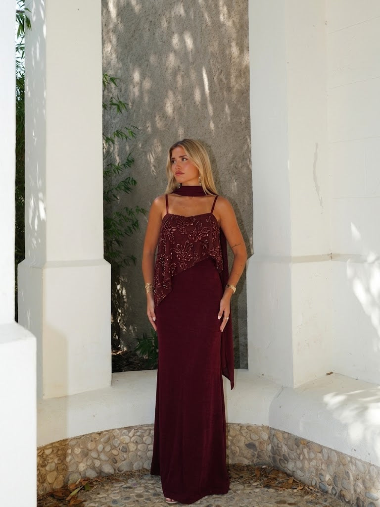 PREVENTA - Vestido asim banda brillos burdeos