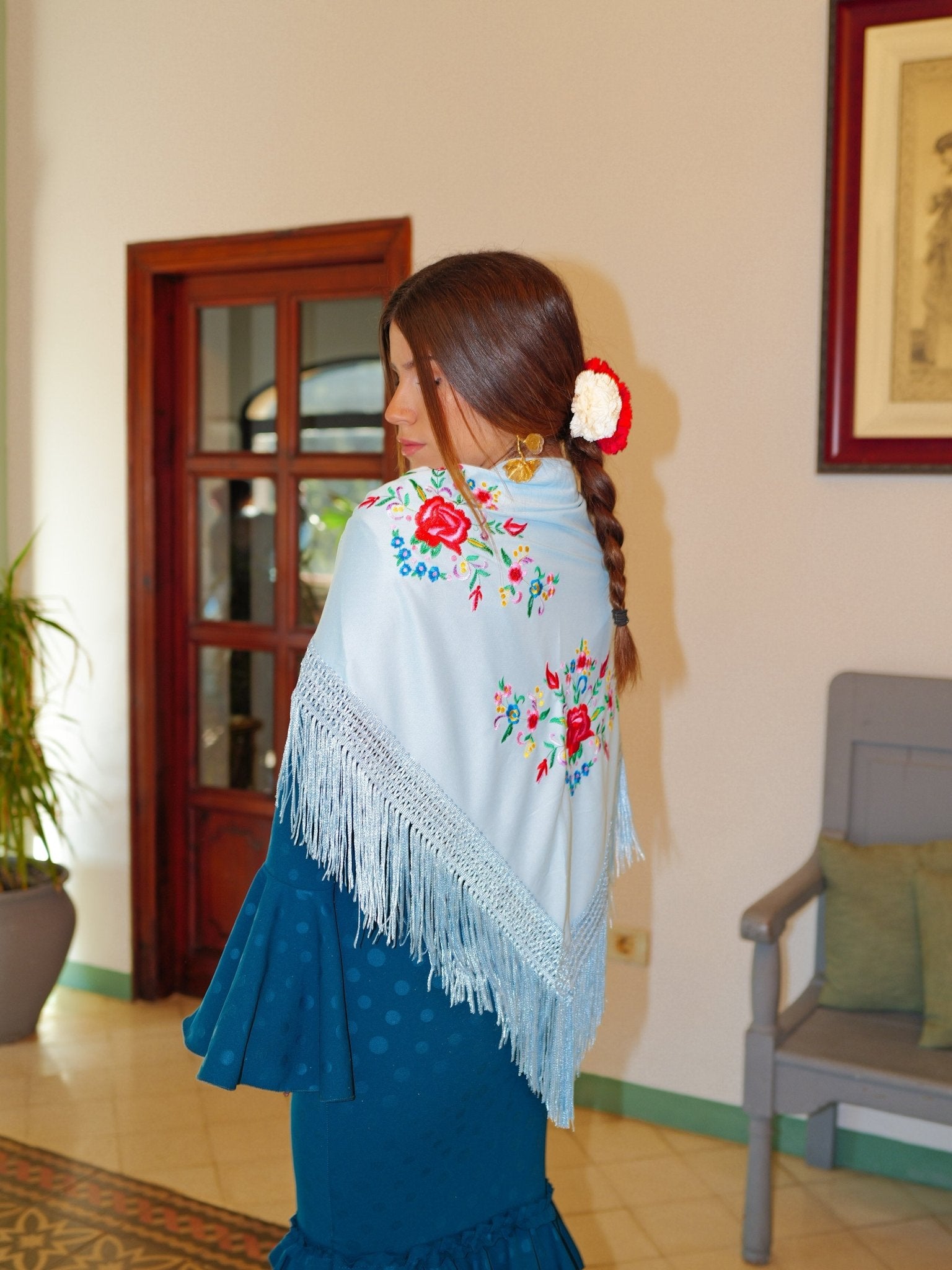 La Senorita Foulard Ceinture Châle Danse Flamenco Broderie Noir Fleurs Bleu - Grande Taille