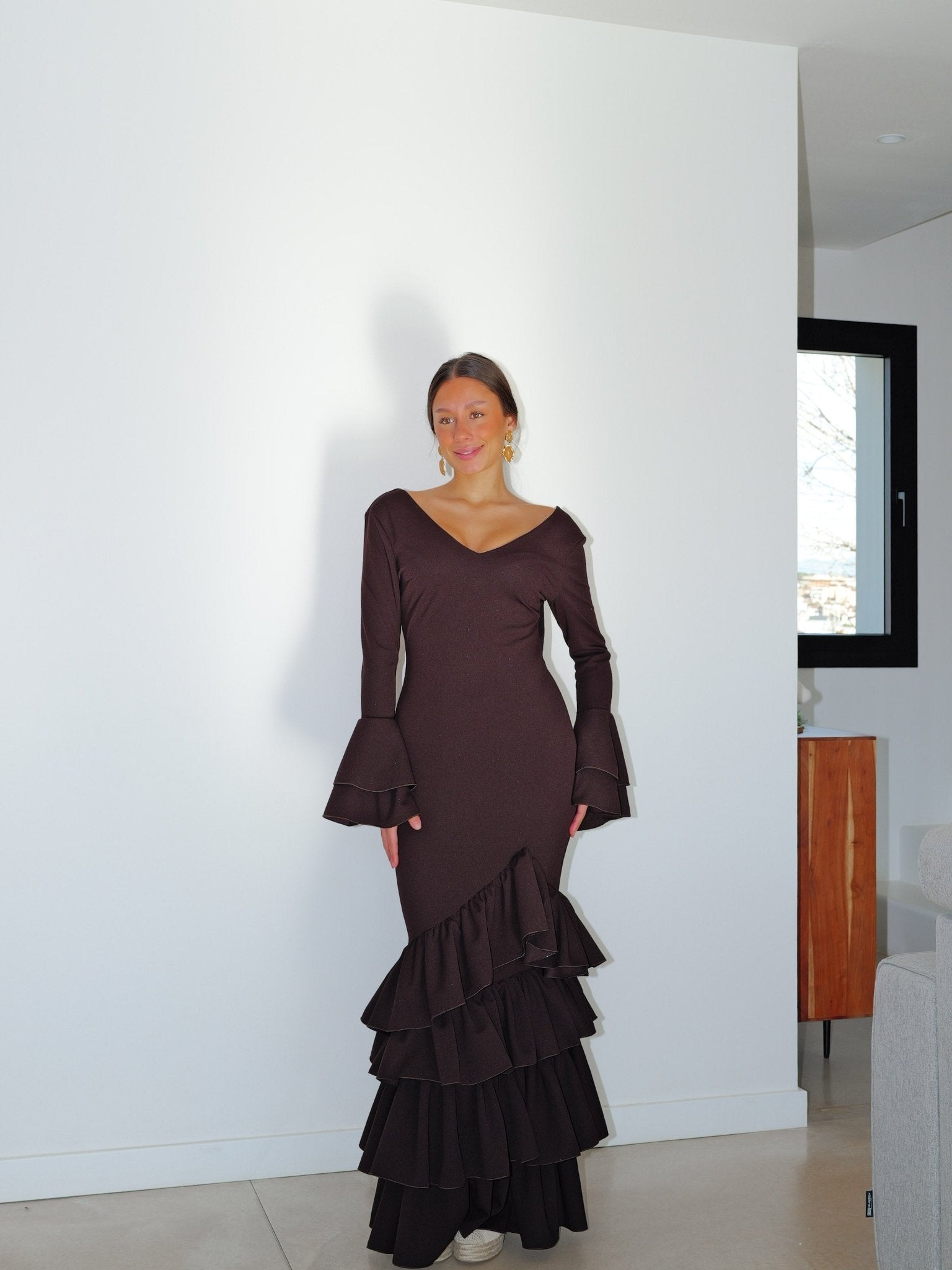 Traje flamenca asimetrico volantes marrón - Sorellas The Brand Barcelona S.L