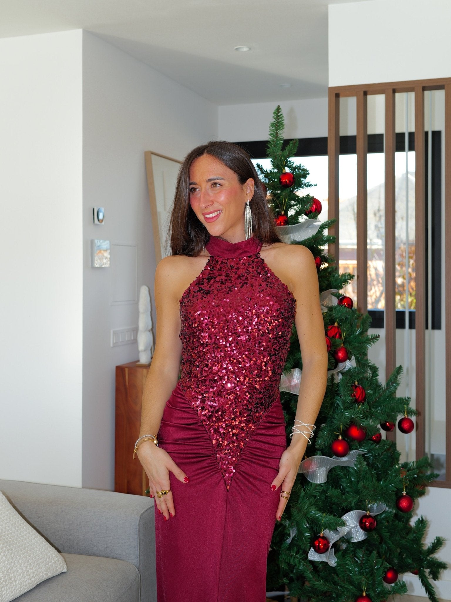 Vestido largo halter escote glitter burdeos - Sorellas The Brand Barcelona S.L