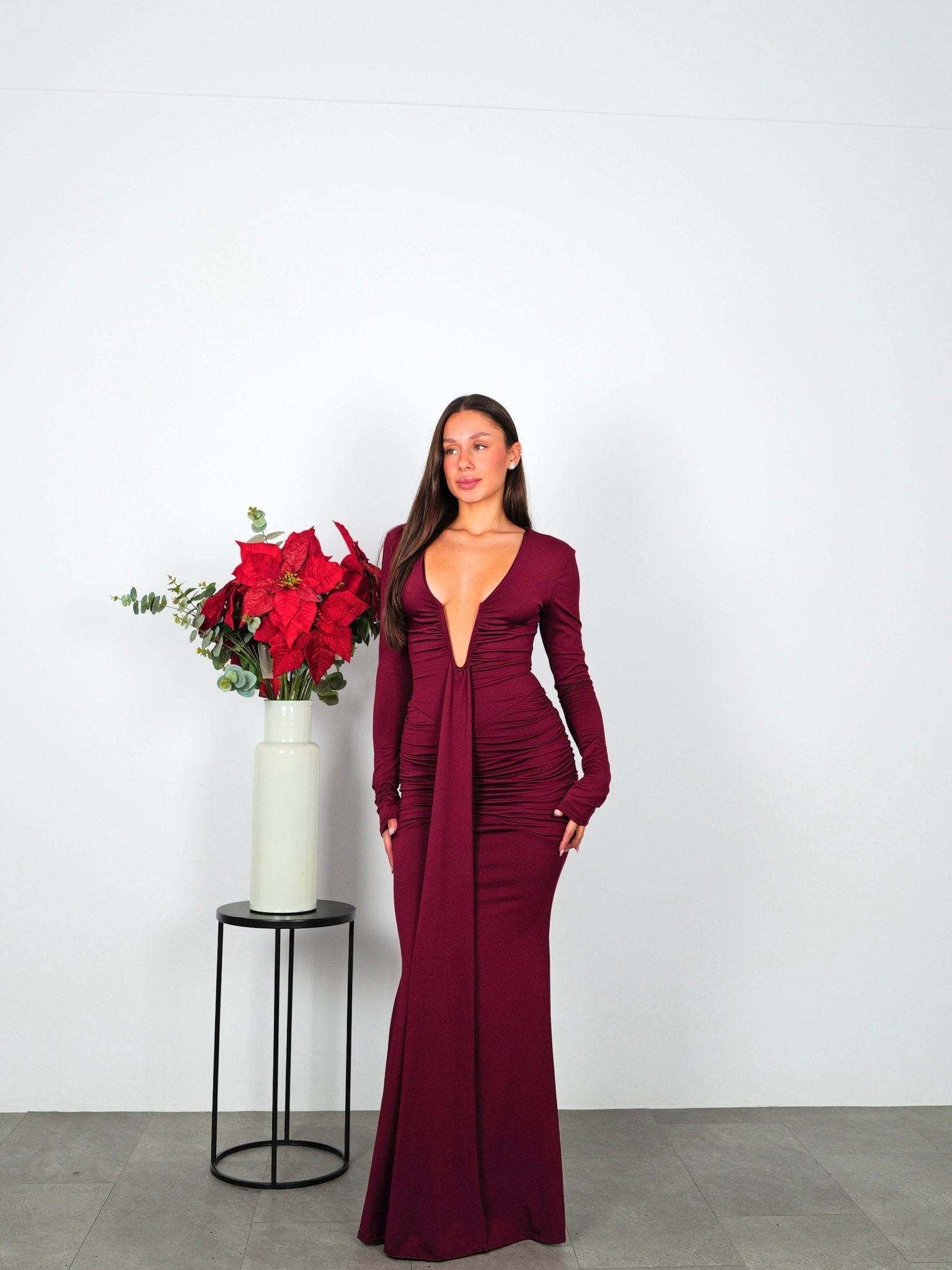 Robe longue à manches courtes et encolure bande bordeaux - Sorellas The Brand Barcelona S.L