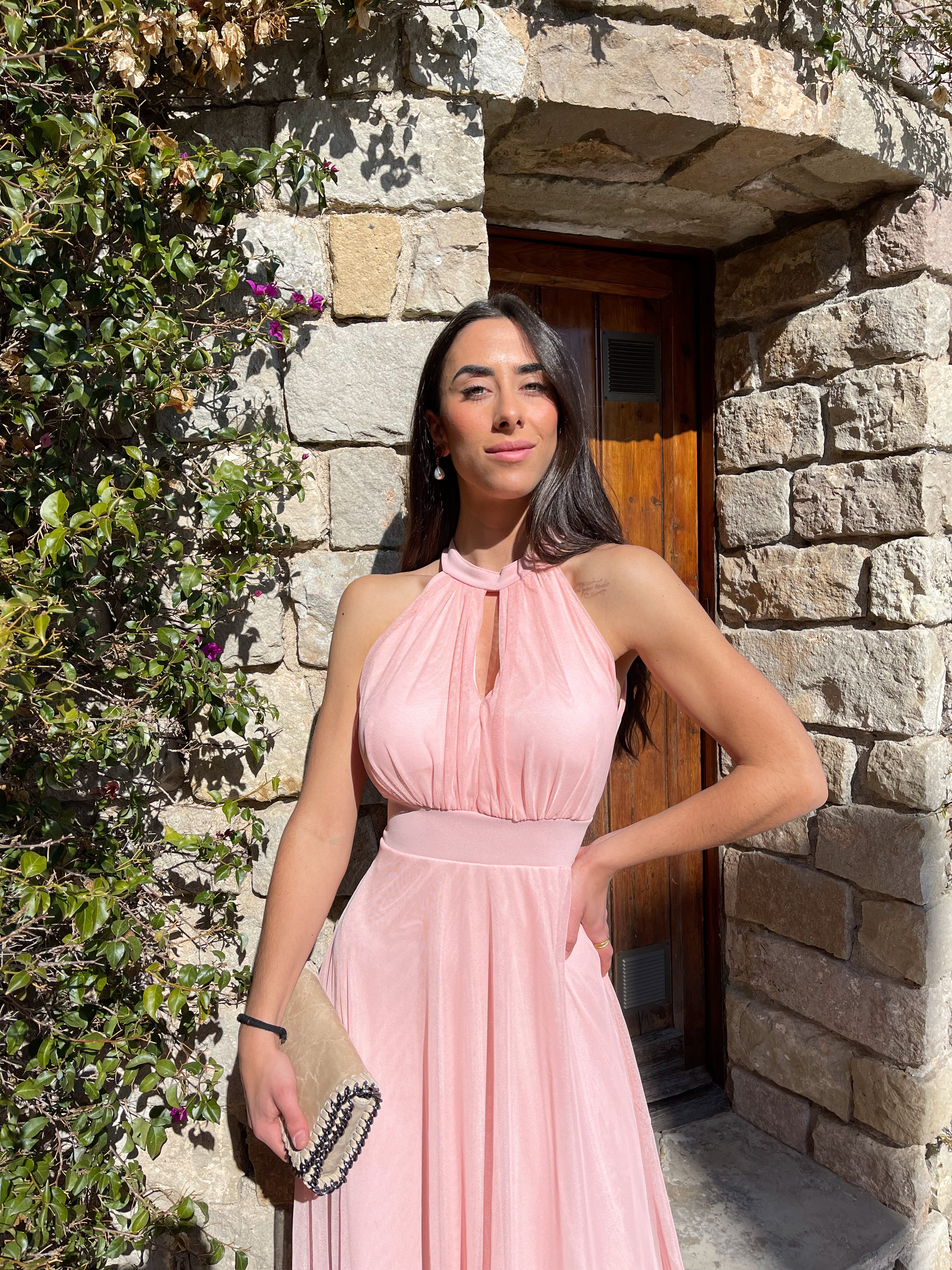 Vestido banda halter tulle rosa