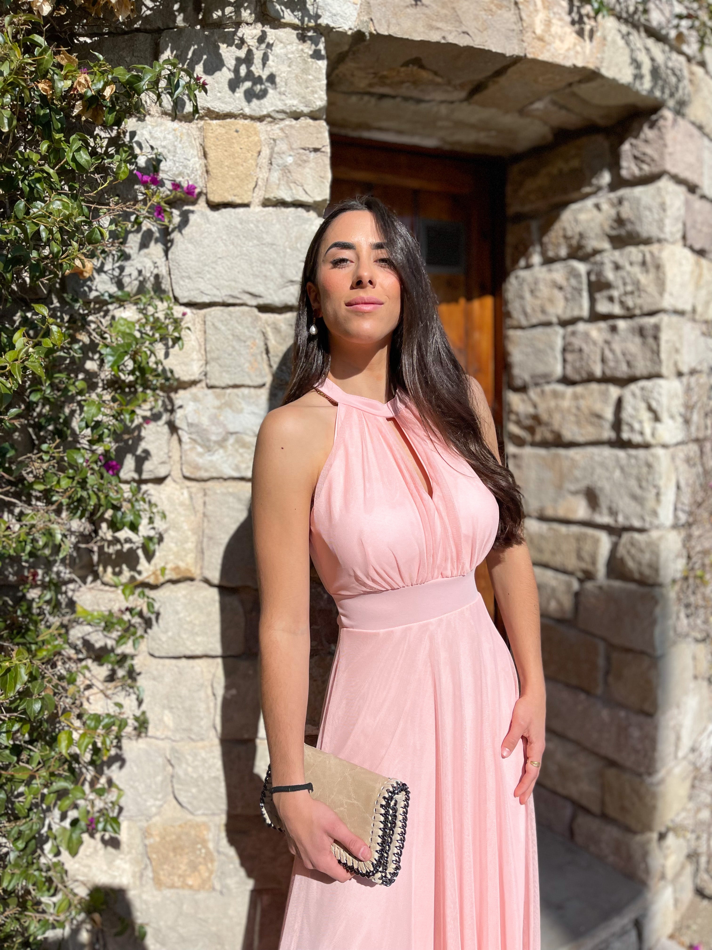 Vestido banda halter tulle rosa