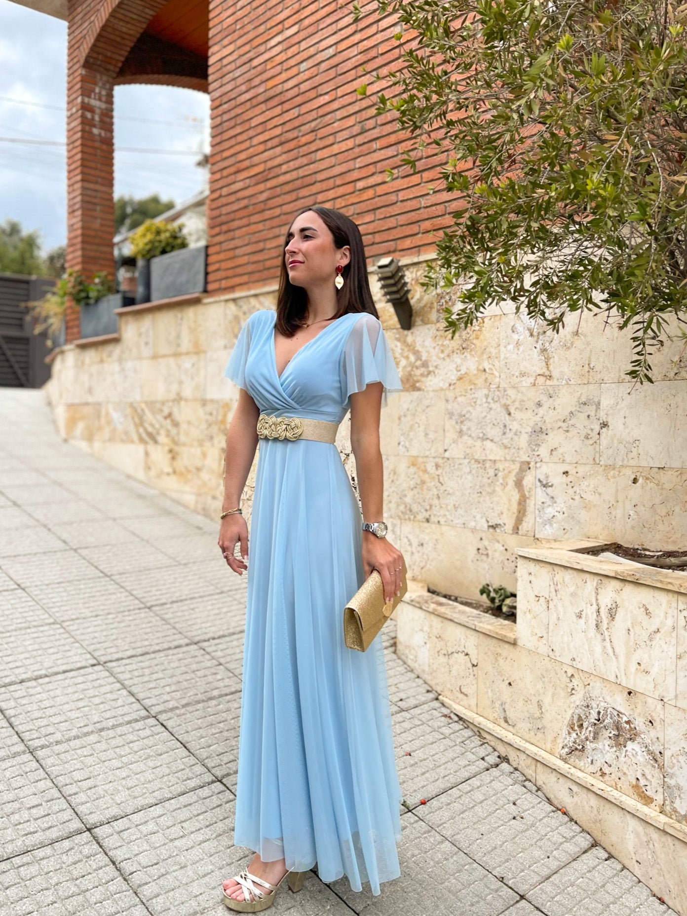 Sky-Blue Sleeve Tulle Dress