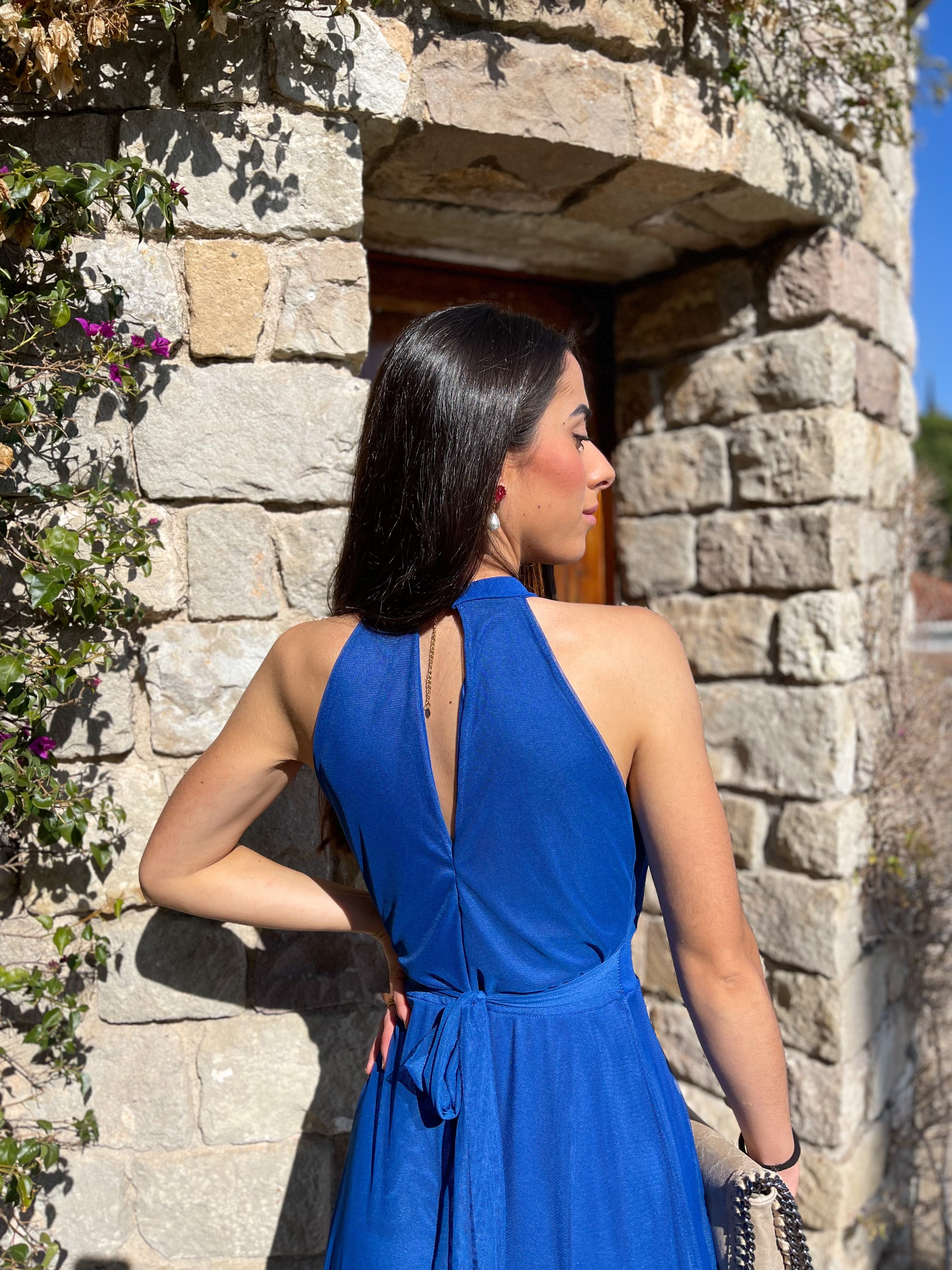 Vestido banda halter tulle azul
