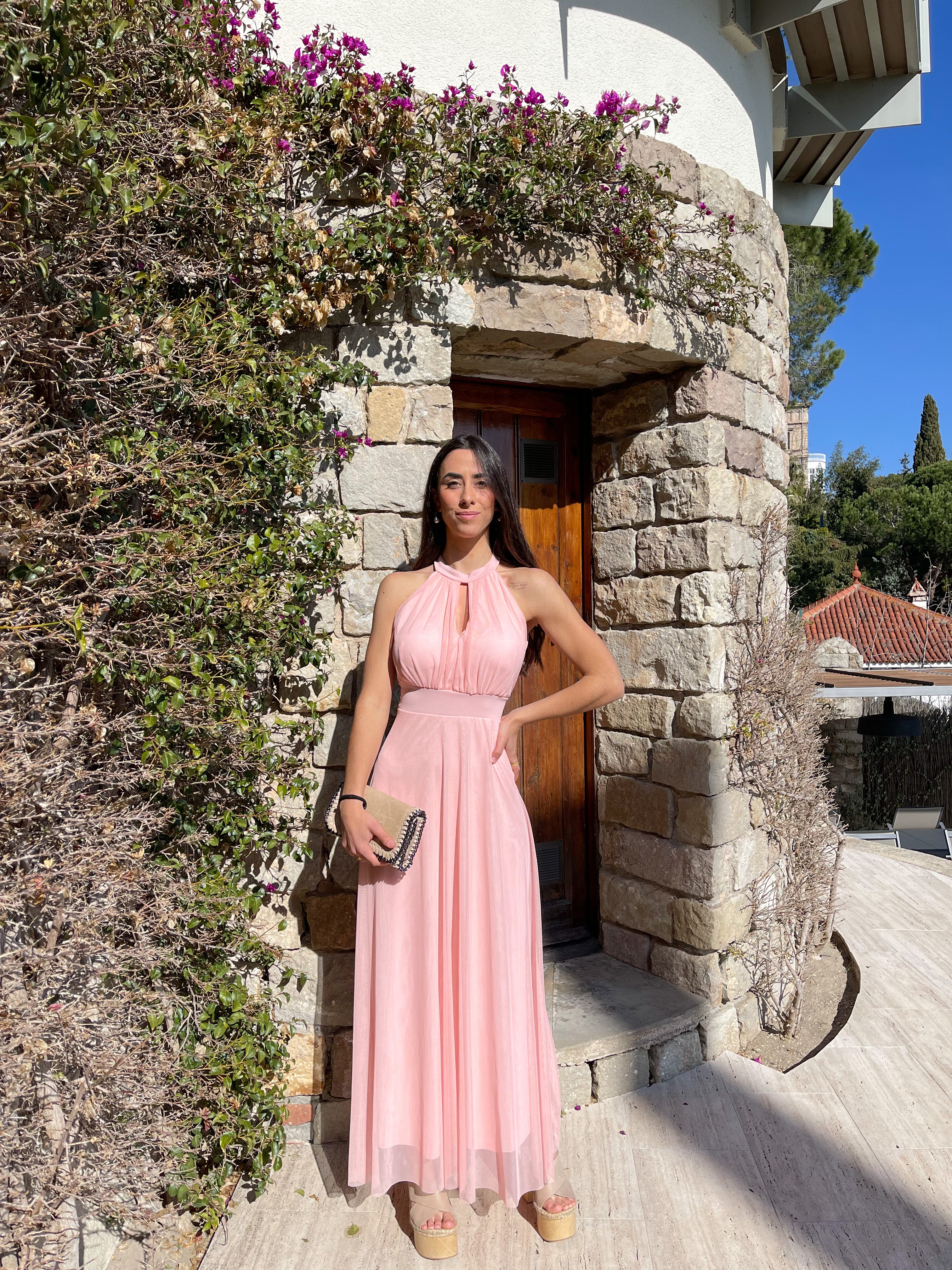 Vestido banda halter tulle rosa