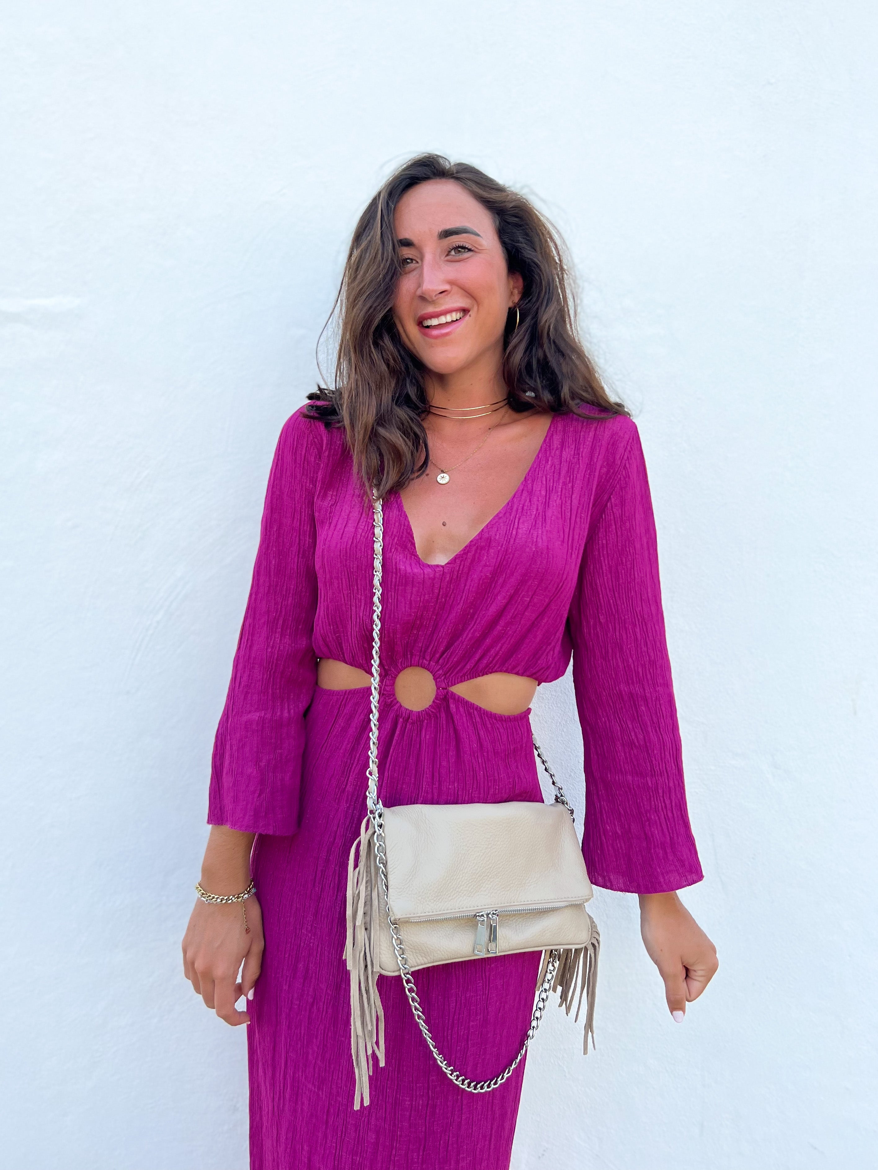 Bolso piel cadenas flecos crema