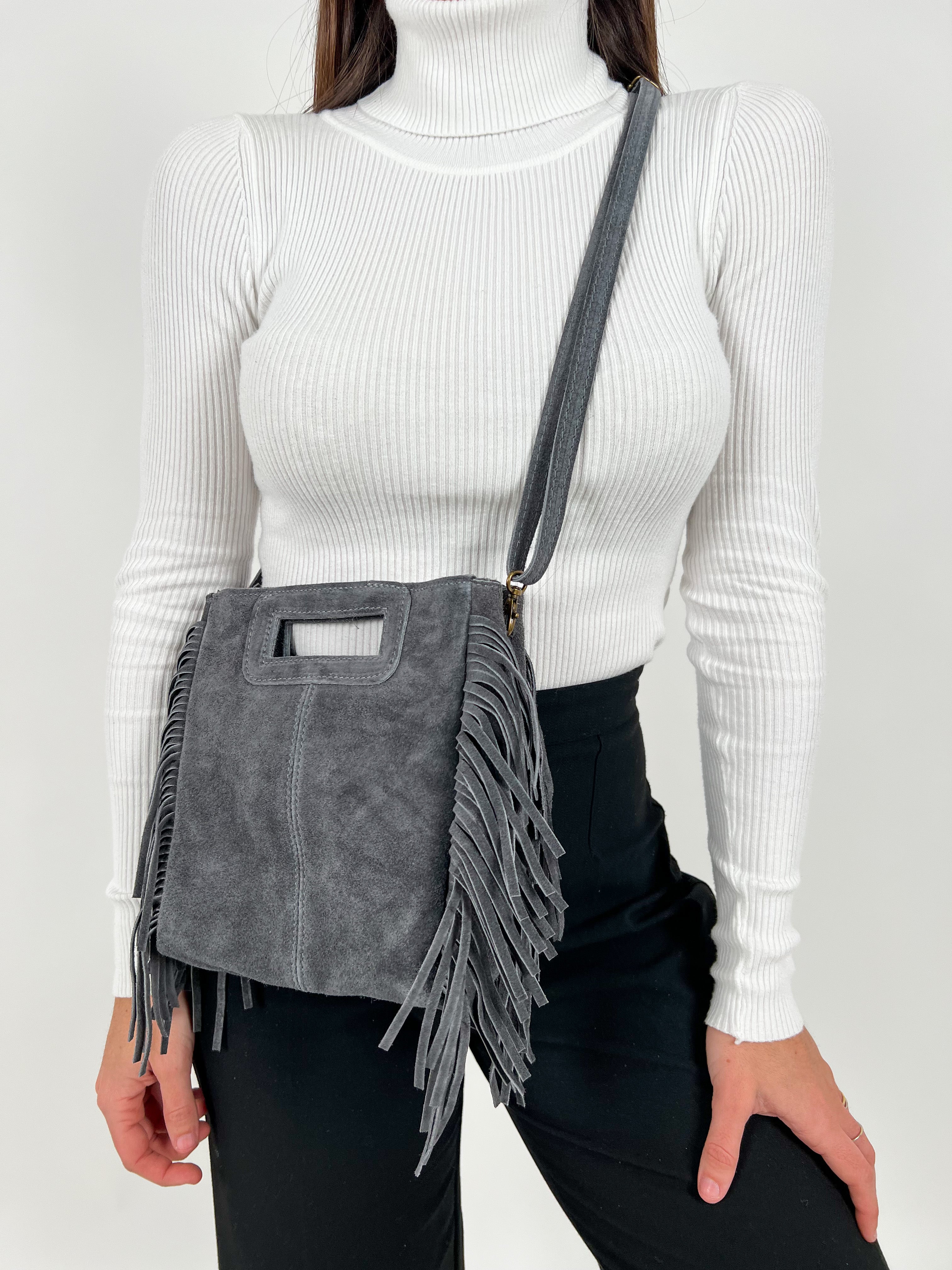 Bolso piel flecos gris
