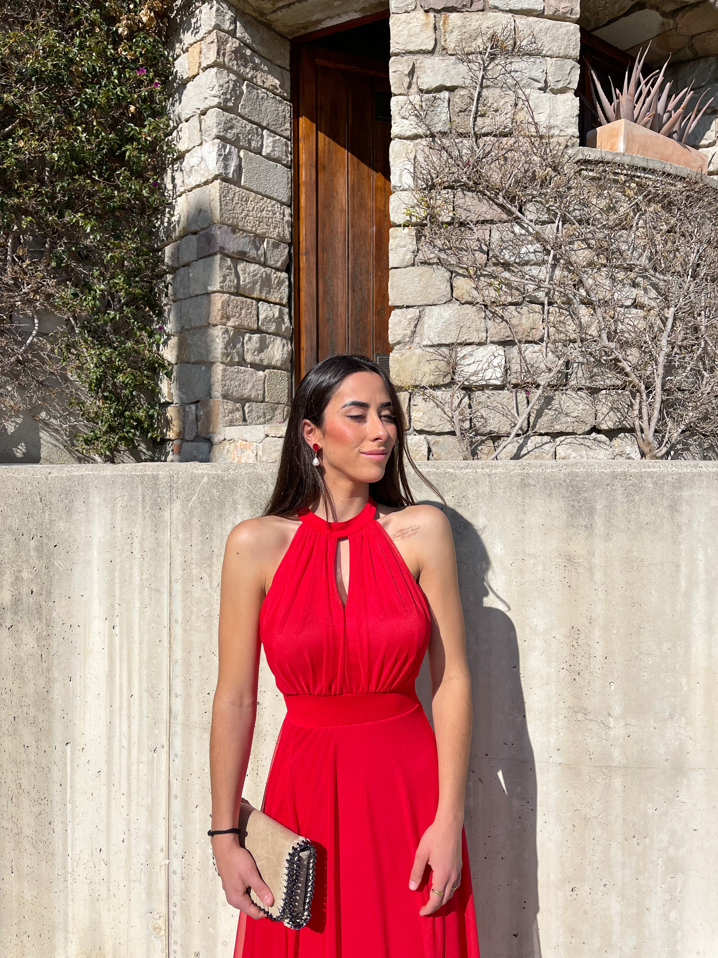 Vestido banda halter tulle rojo