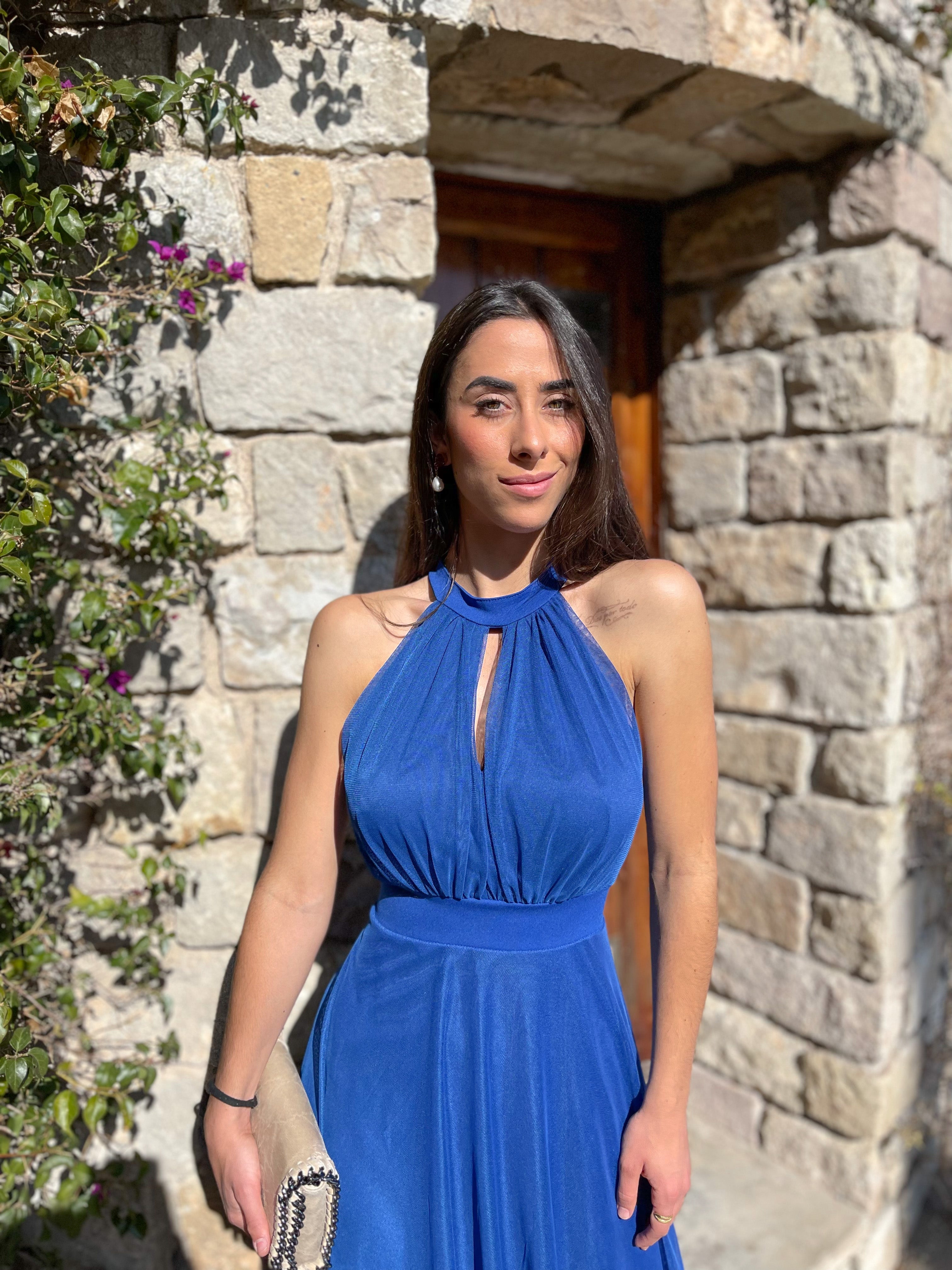Vestido banda halter tulle azul