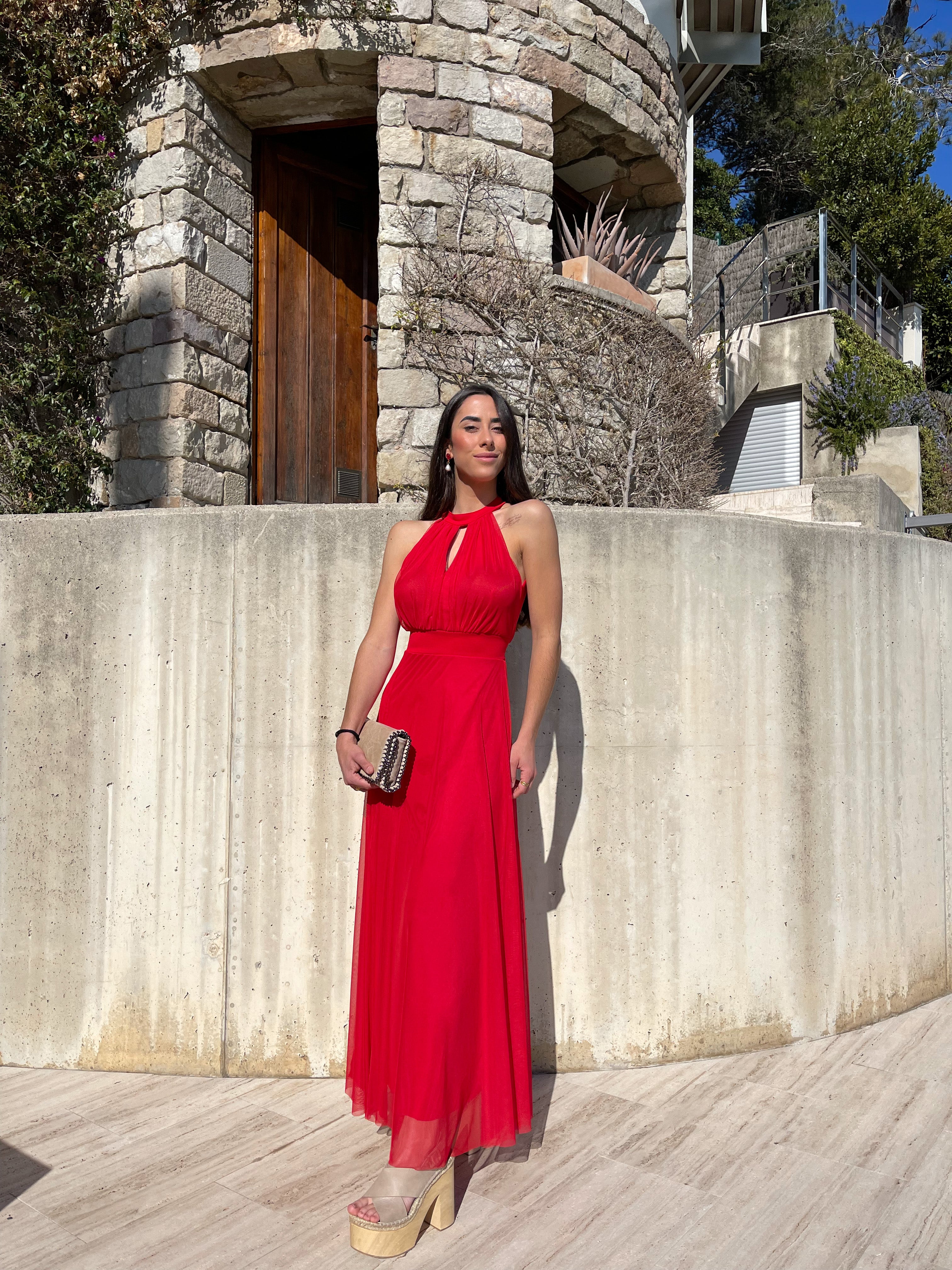 Vestido banda halter tulle rojo