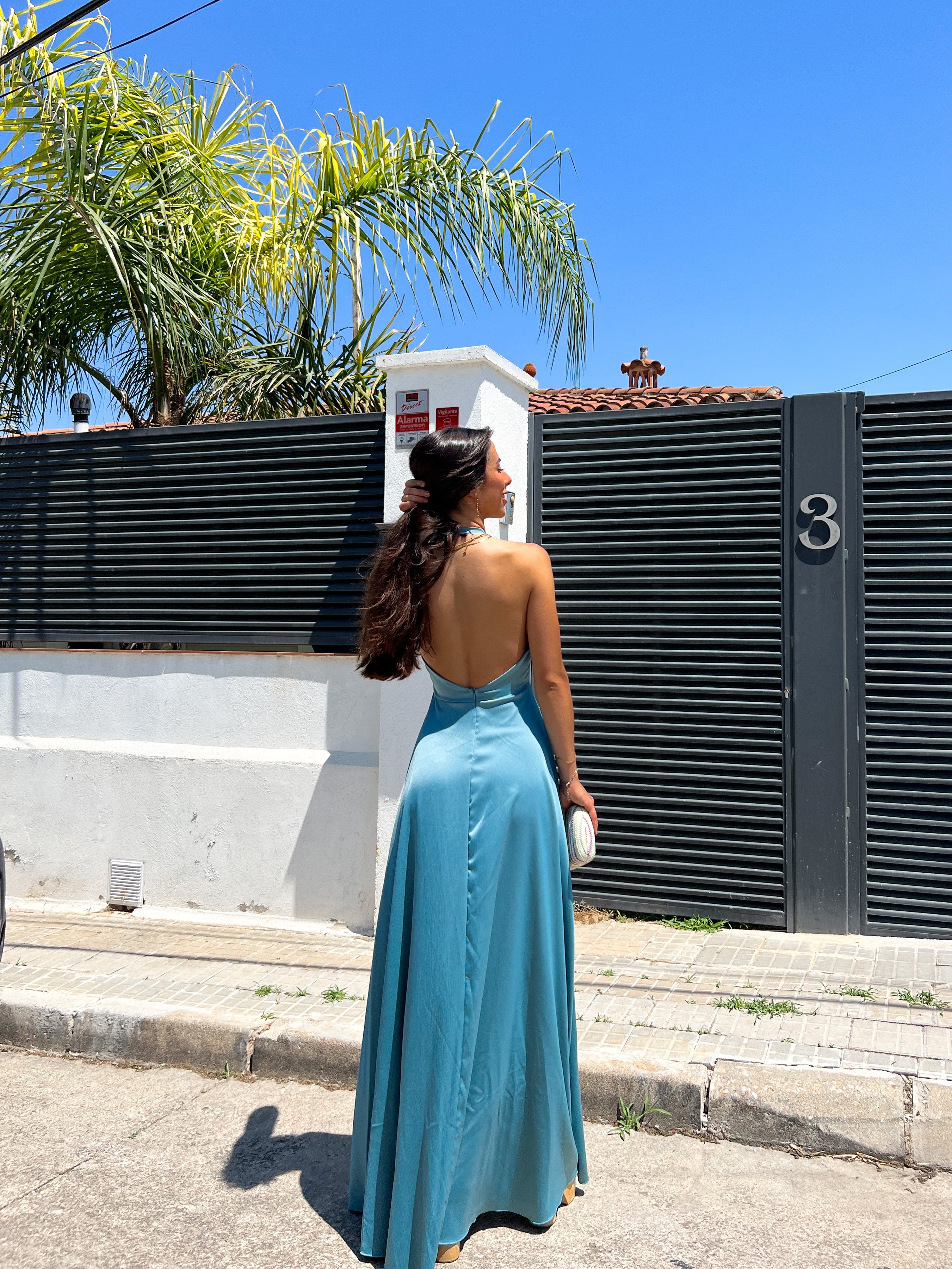 Vestido halter raso salvia