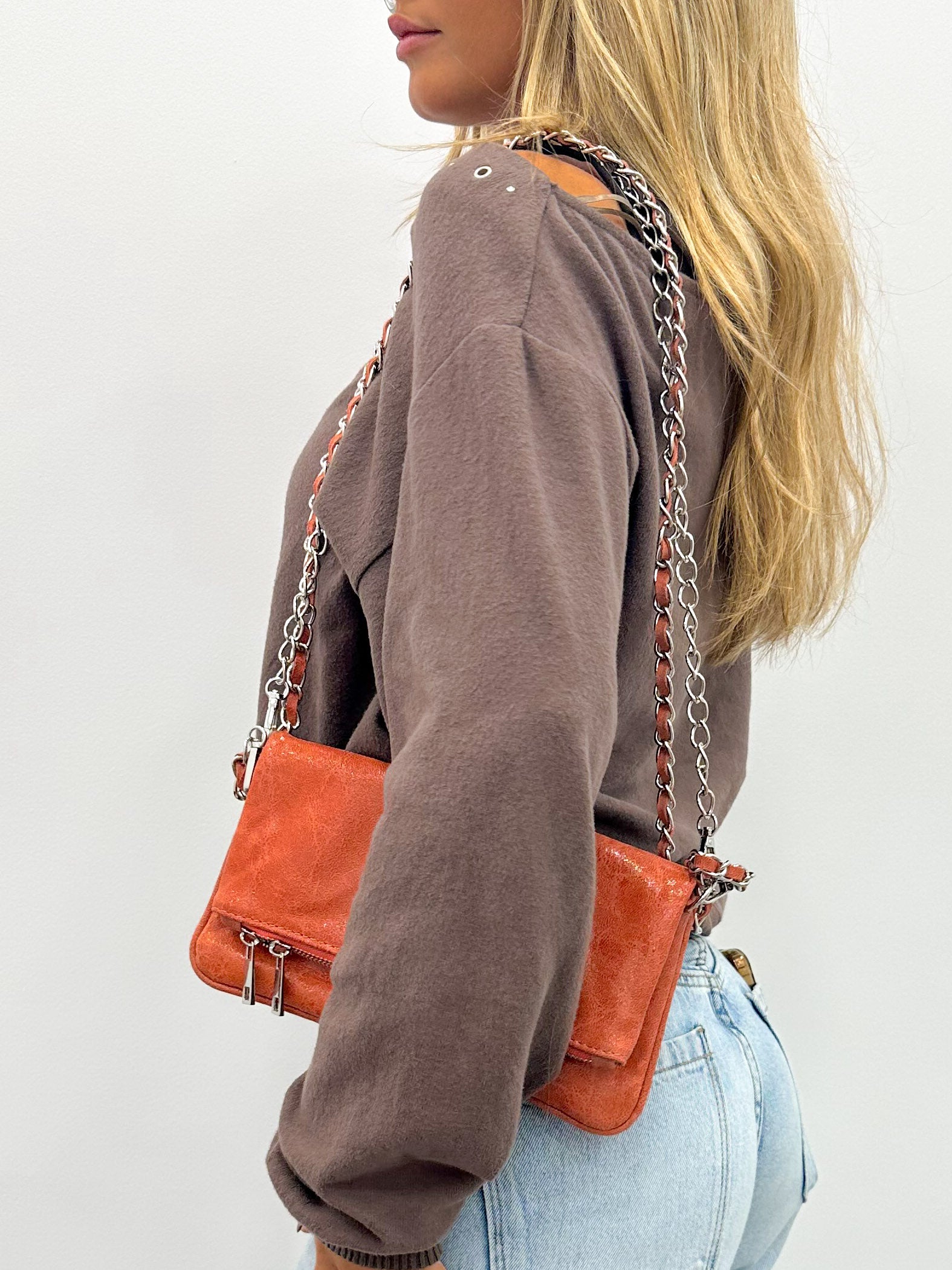 Coral shiny chain leather bag