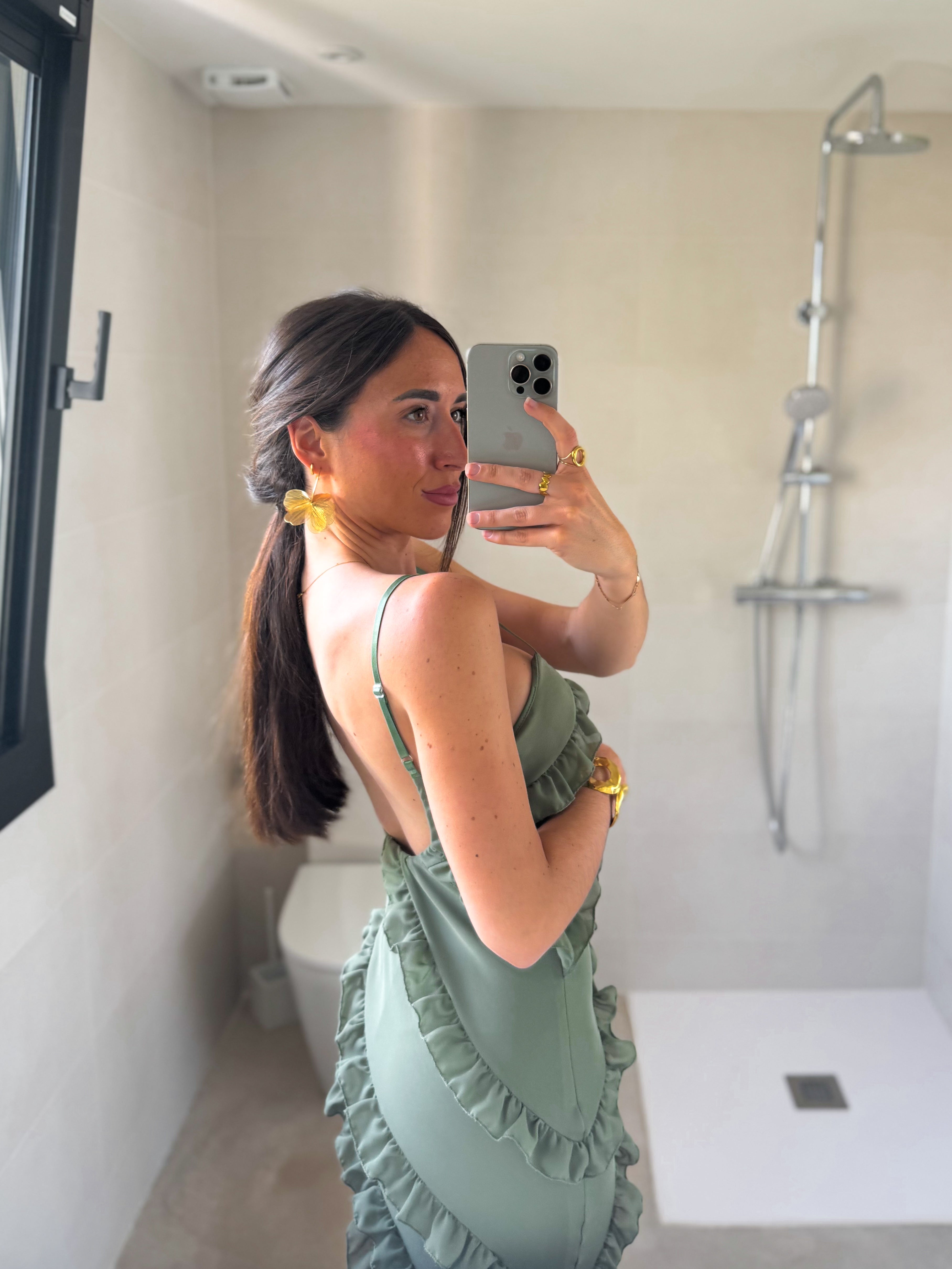 Khaki crepe ruffles dress