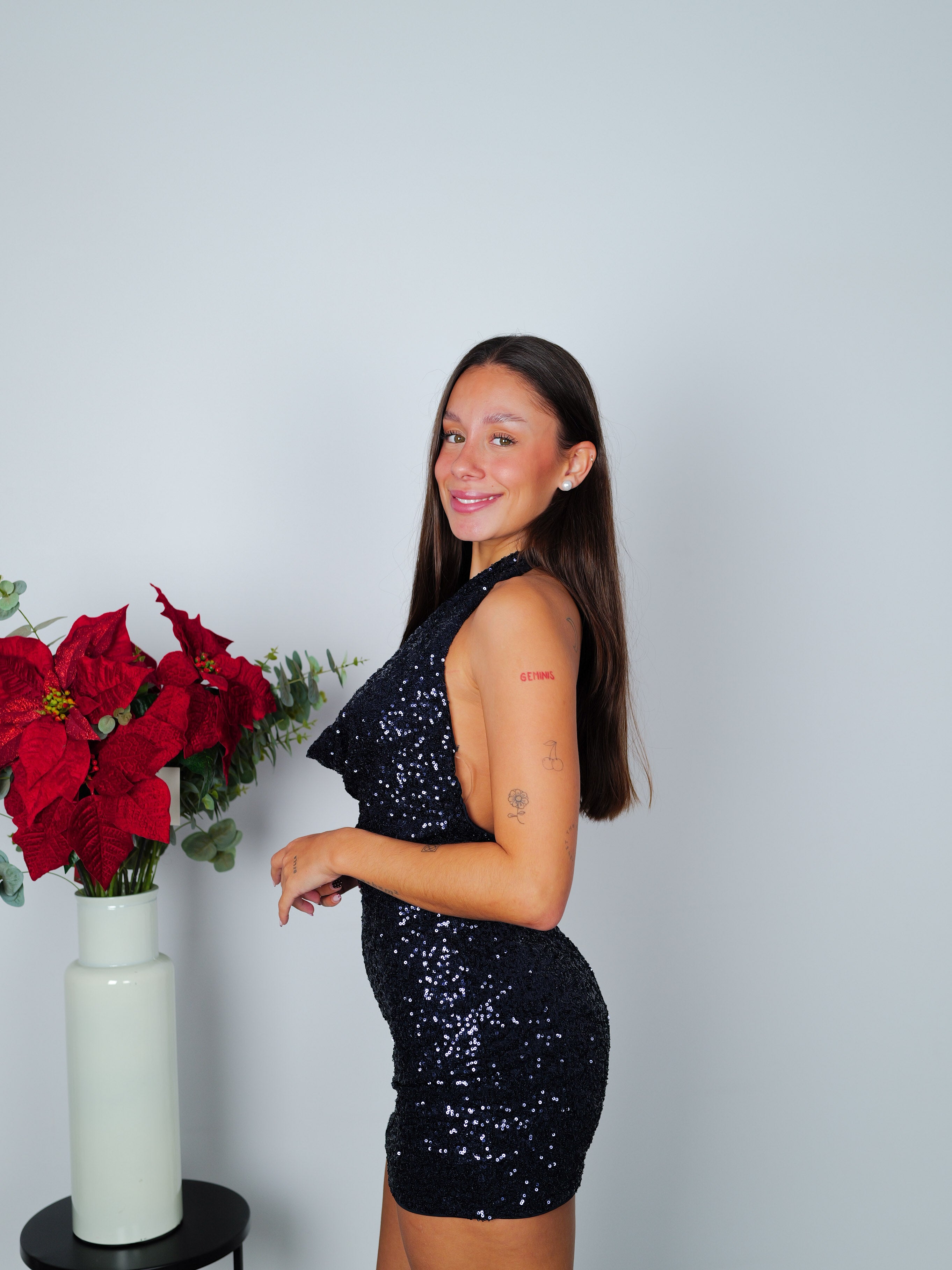 Navy glitter waterfall mini dress