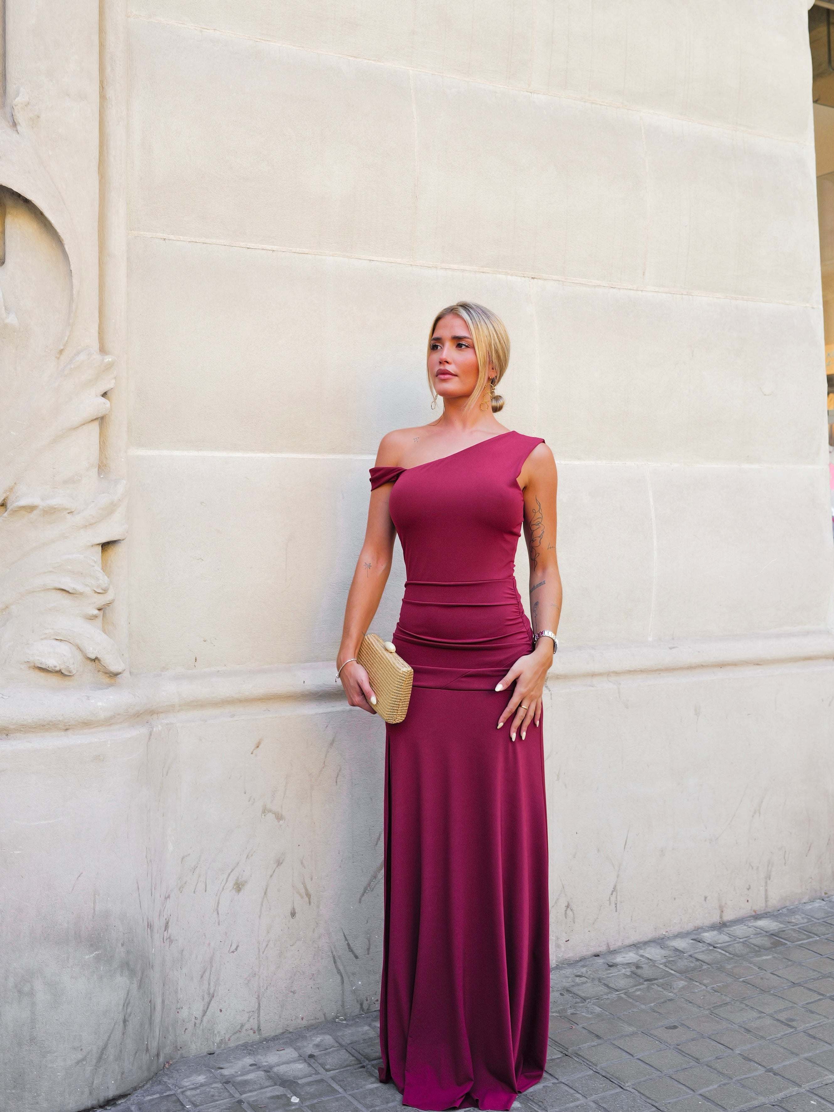 Asym bandeau sleeve dress burgundy