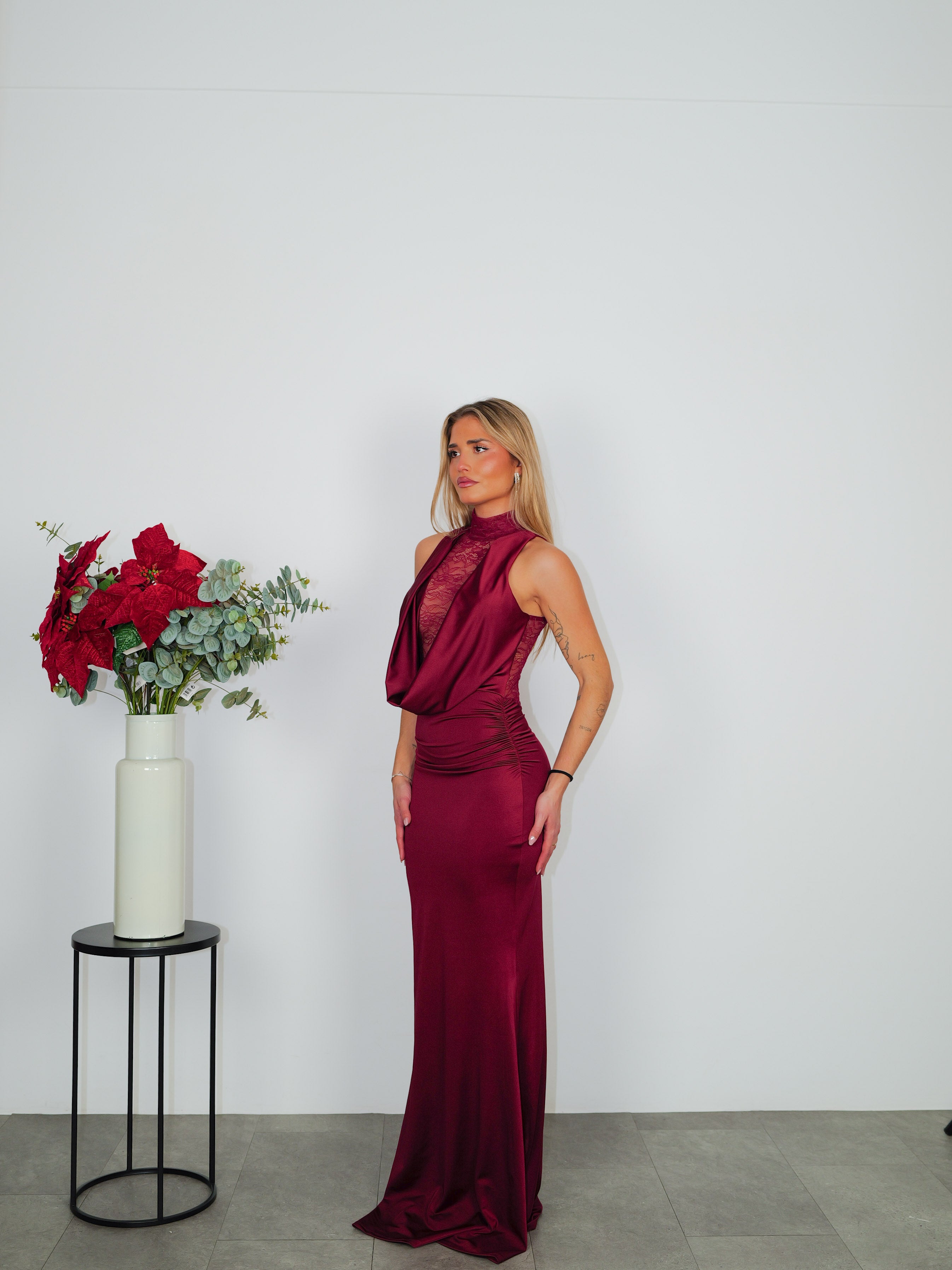 Long burgundy lace neckline waterfall dress