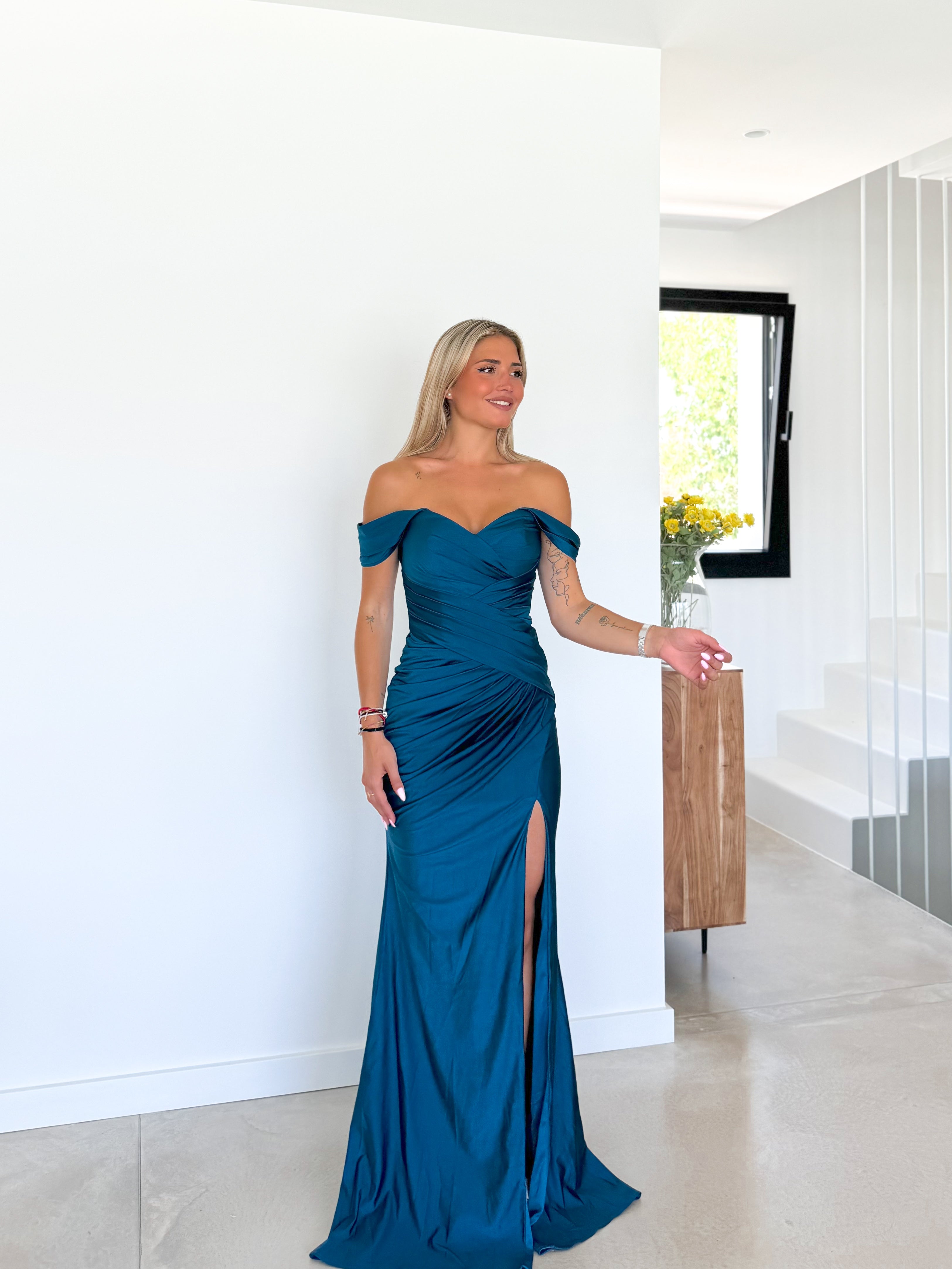 Boat dress with criss-cross gathering TEAL