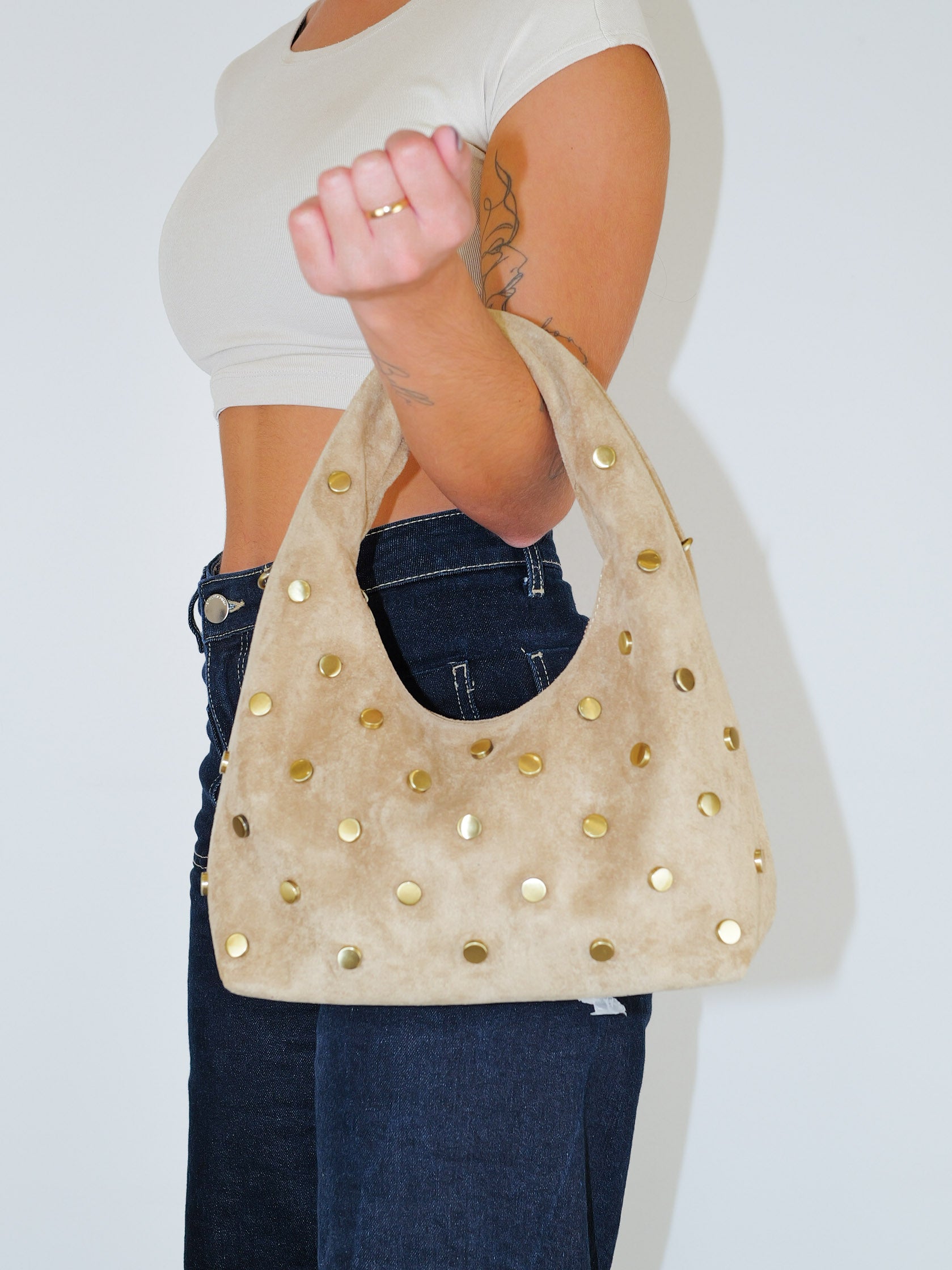 Beige golden studded handle handbag