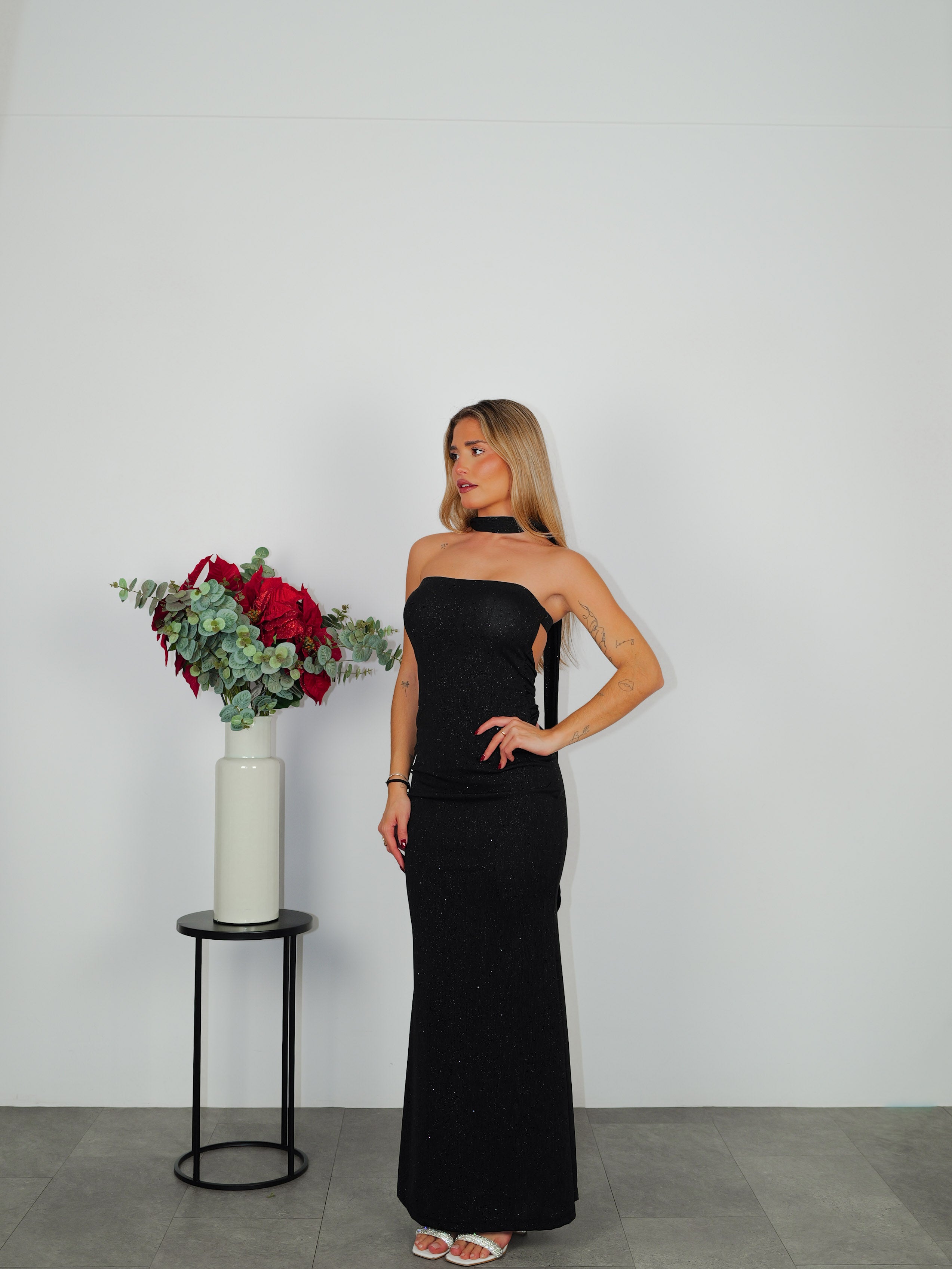 Black lurex backless dress
