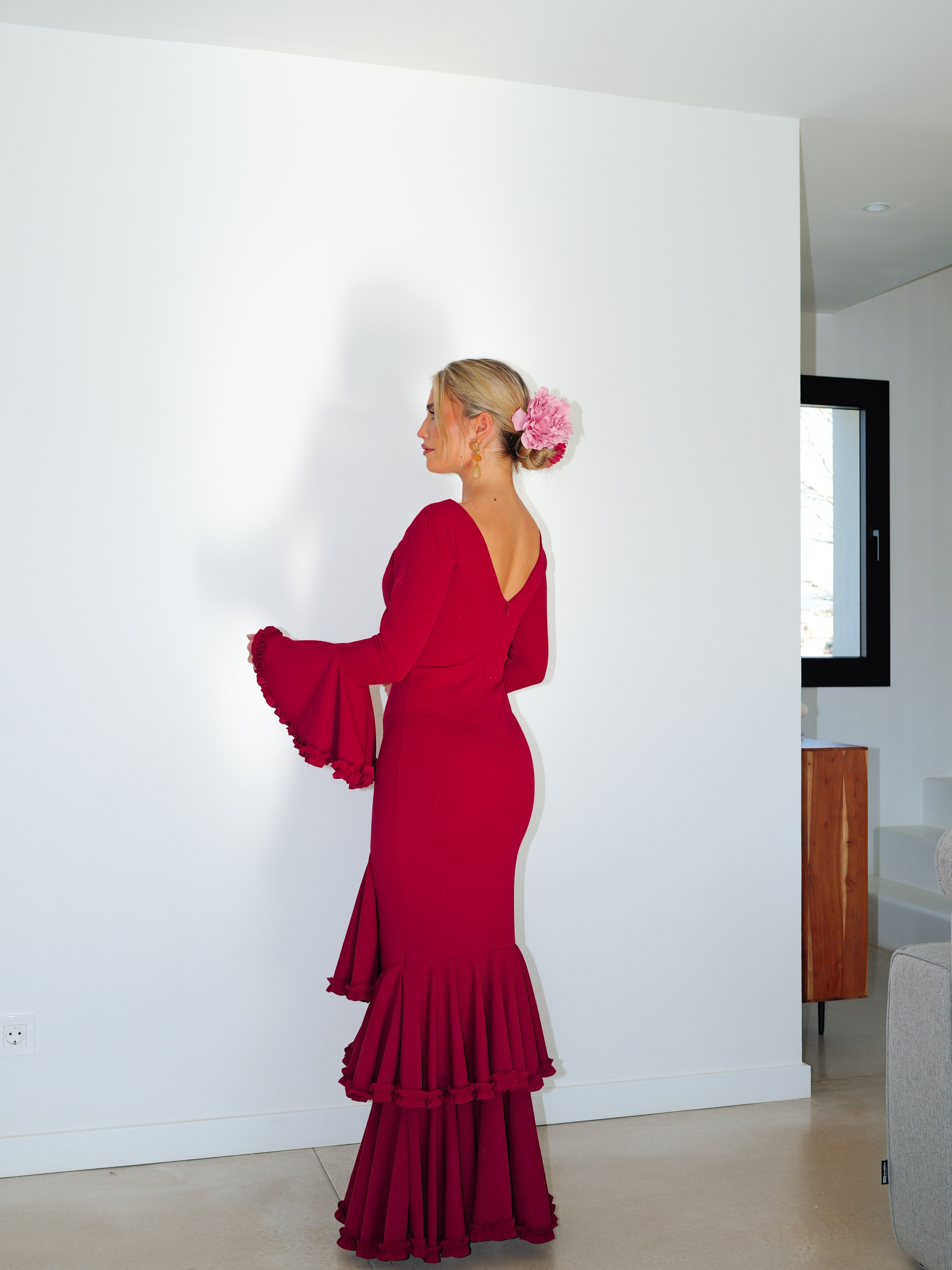 Asymmetrical burgundy flamenco dress
