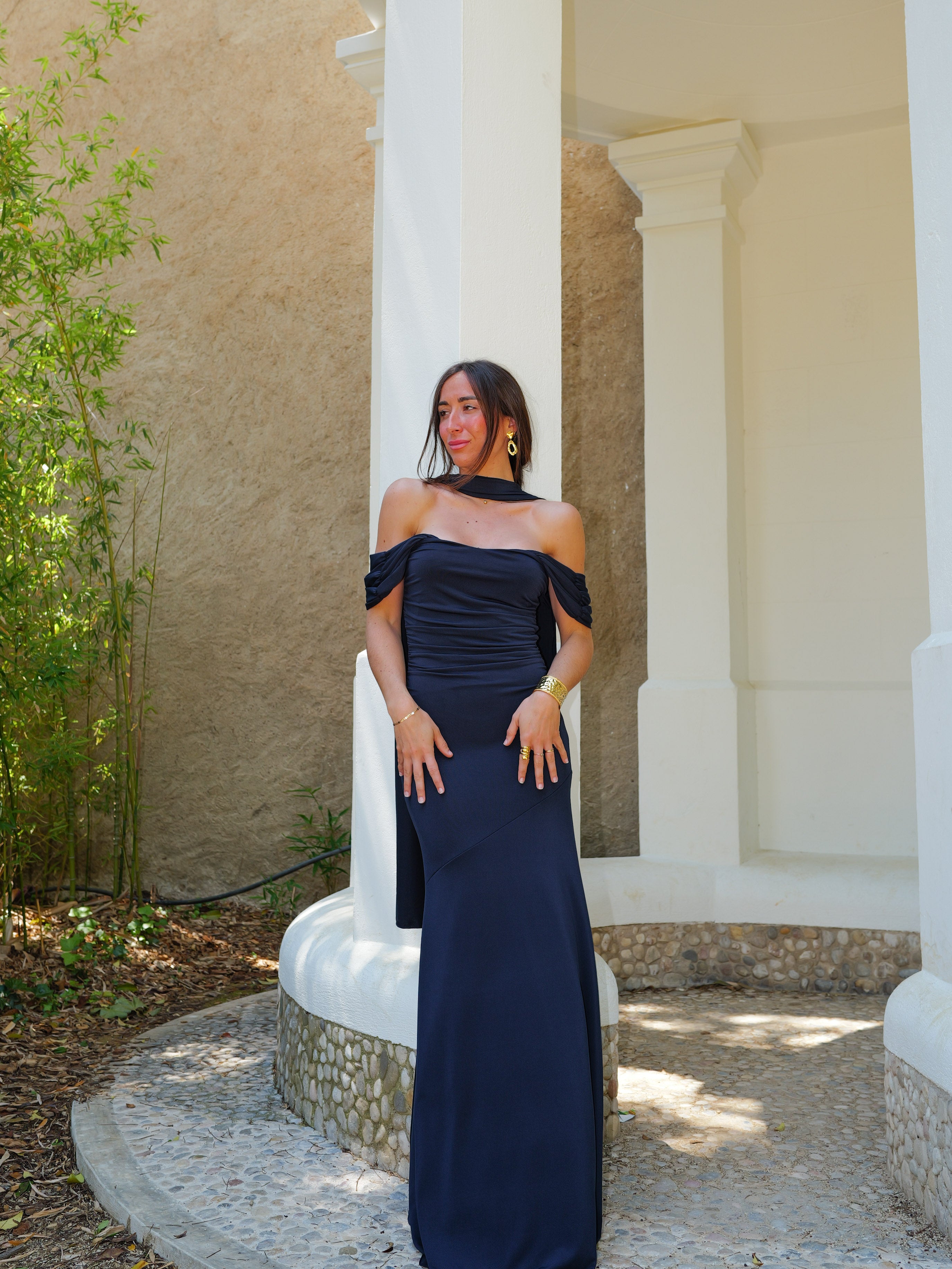 Choker dress with navy sleeves