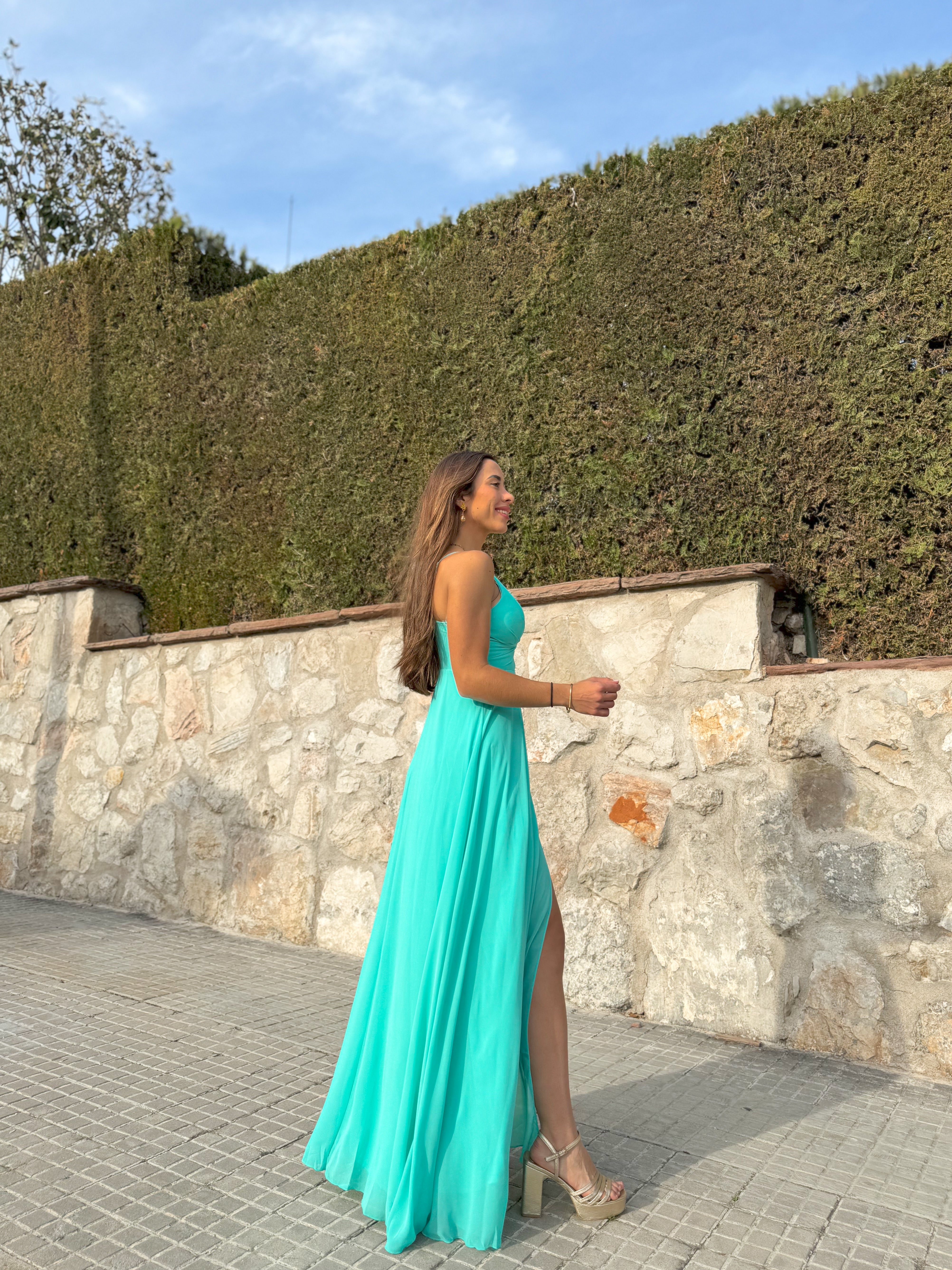 Turquoise crepe peak dress