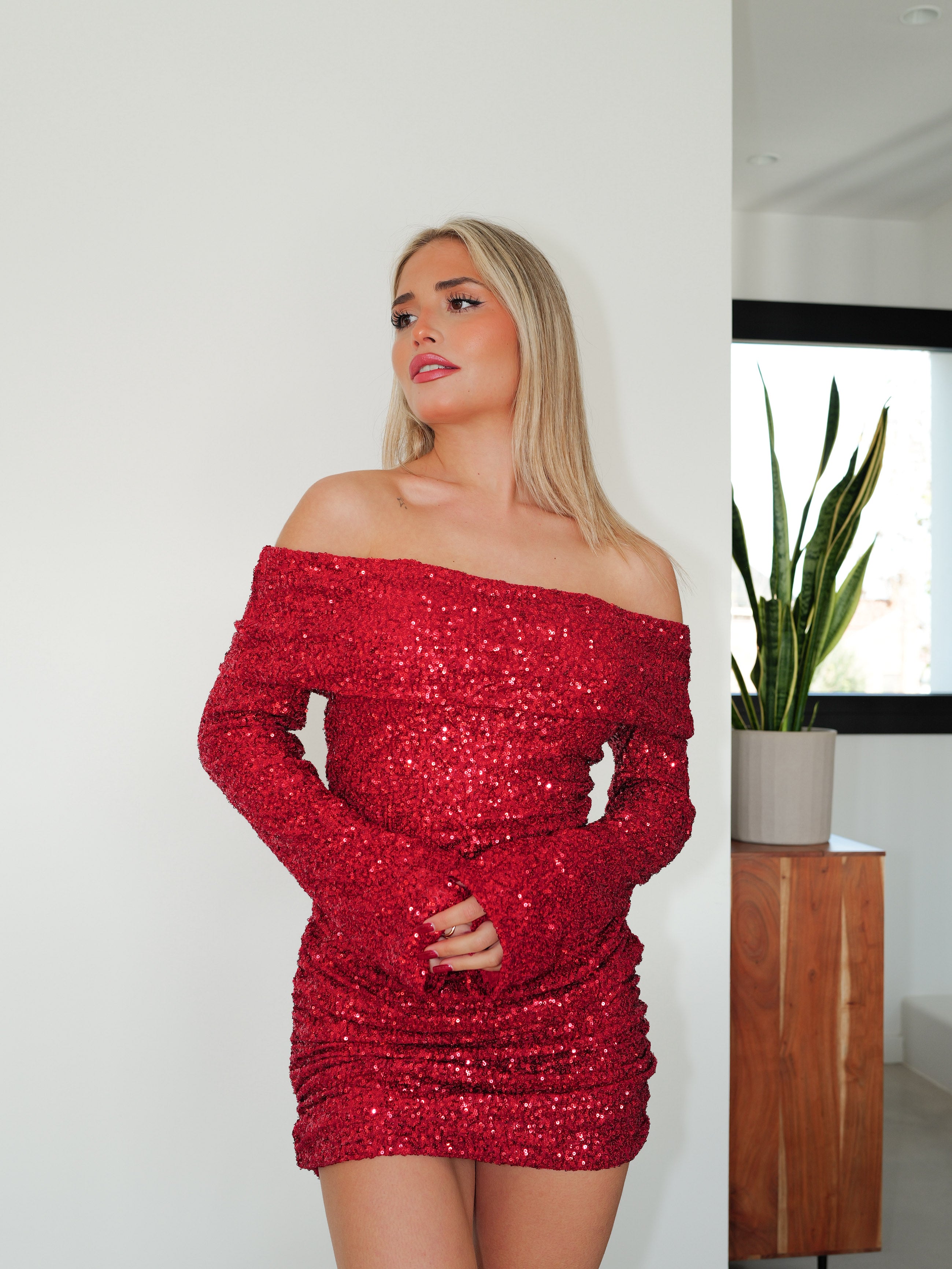 Red glitter bardot dress