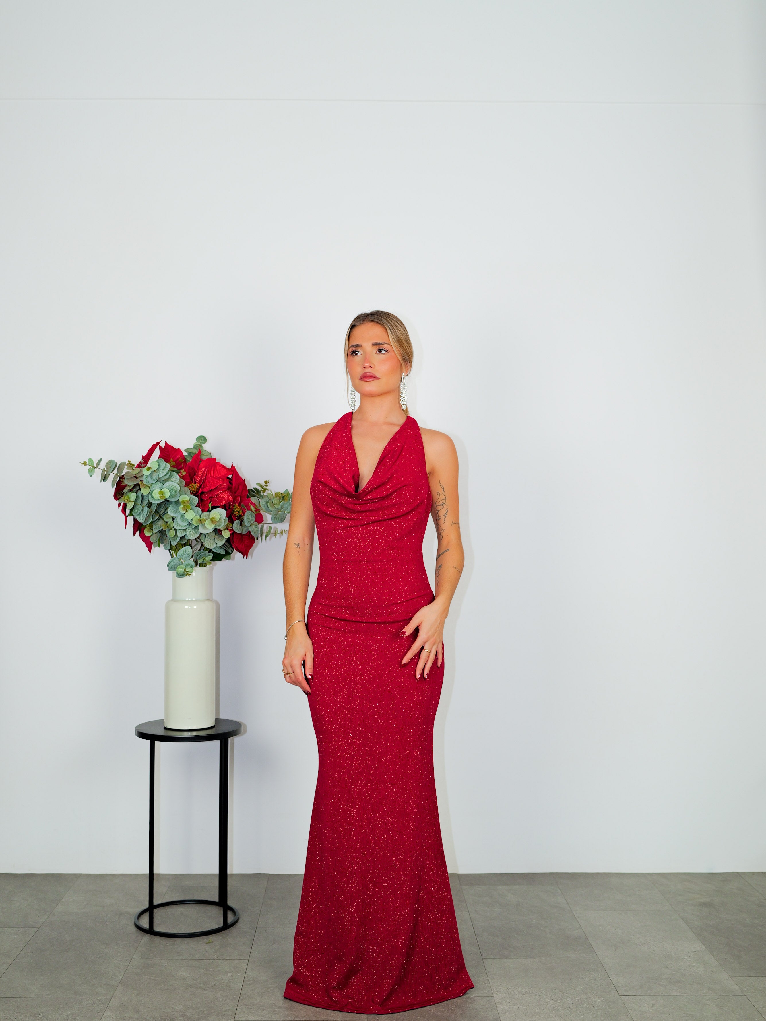 Long burgundy cascade lurex dress