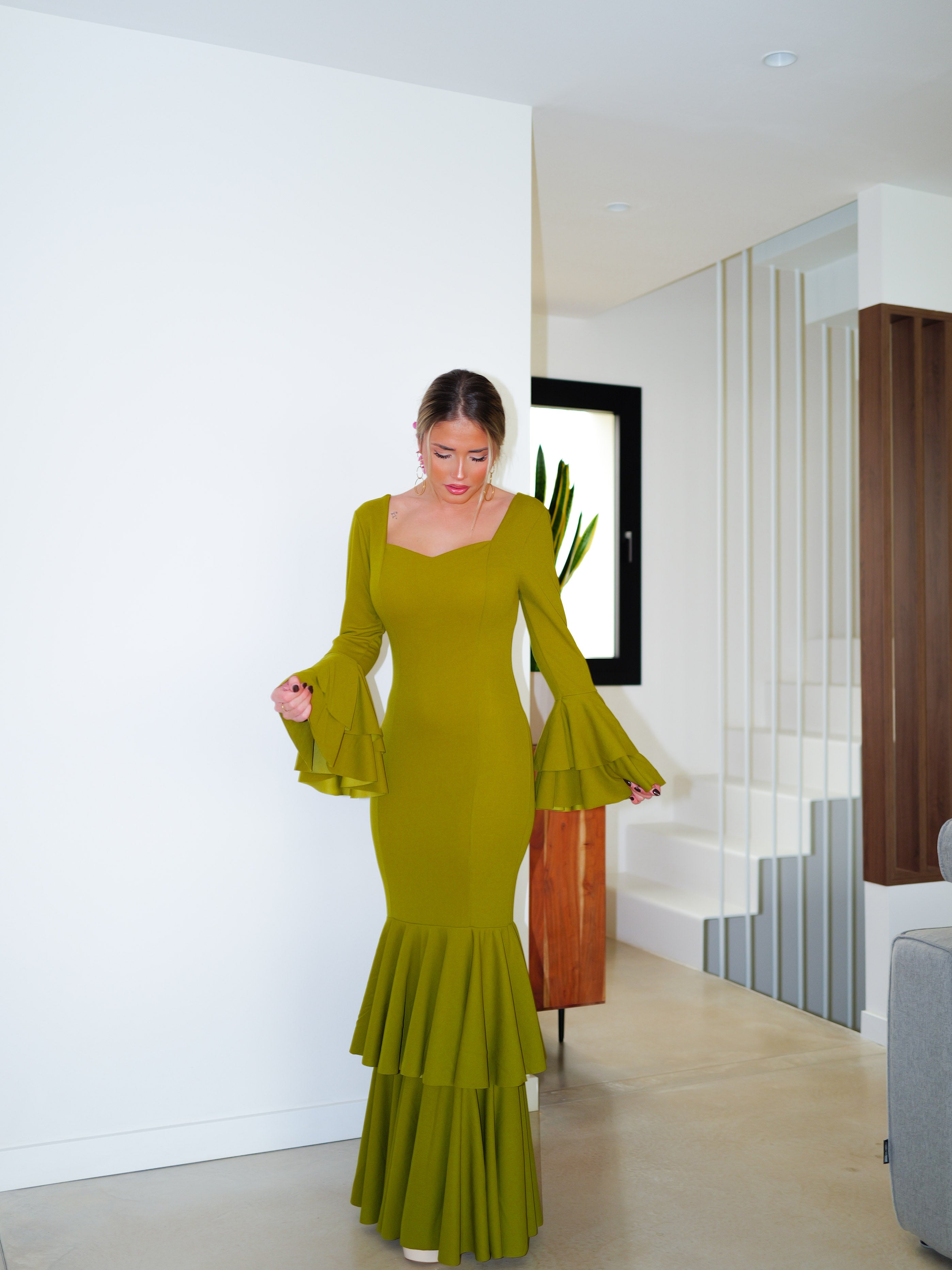 Flamenco dress with olive ruffles V-neck neckline