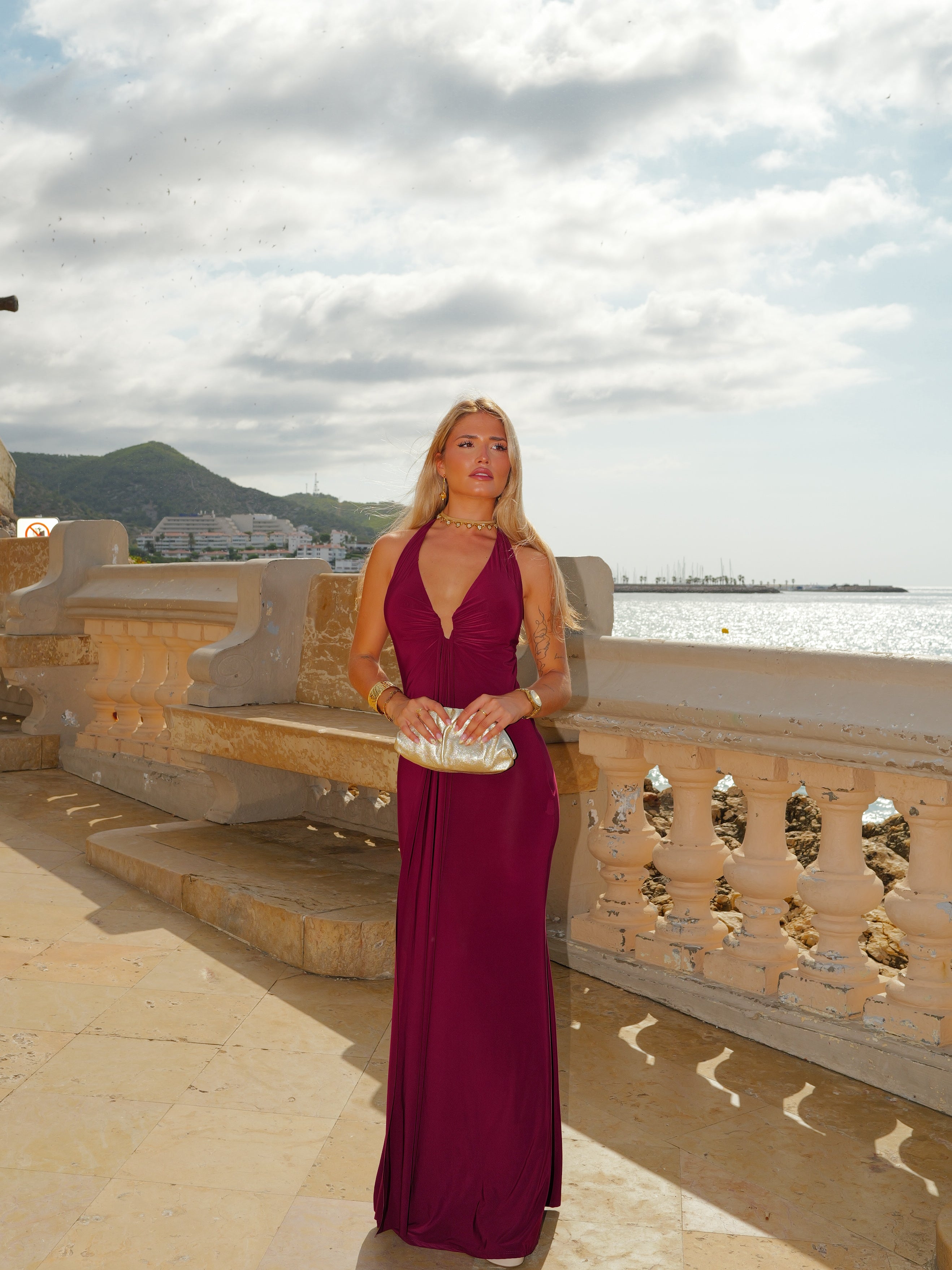 Halter dress burgundy bandeau neckline