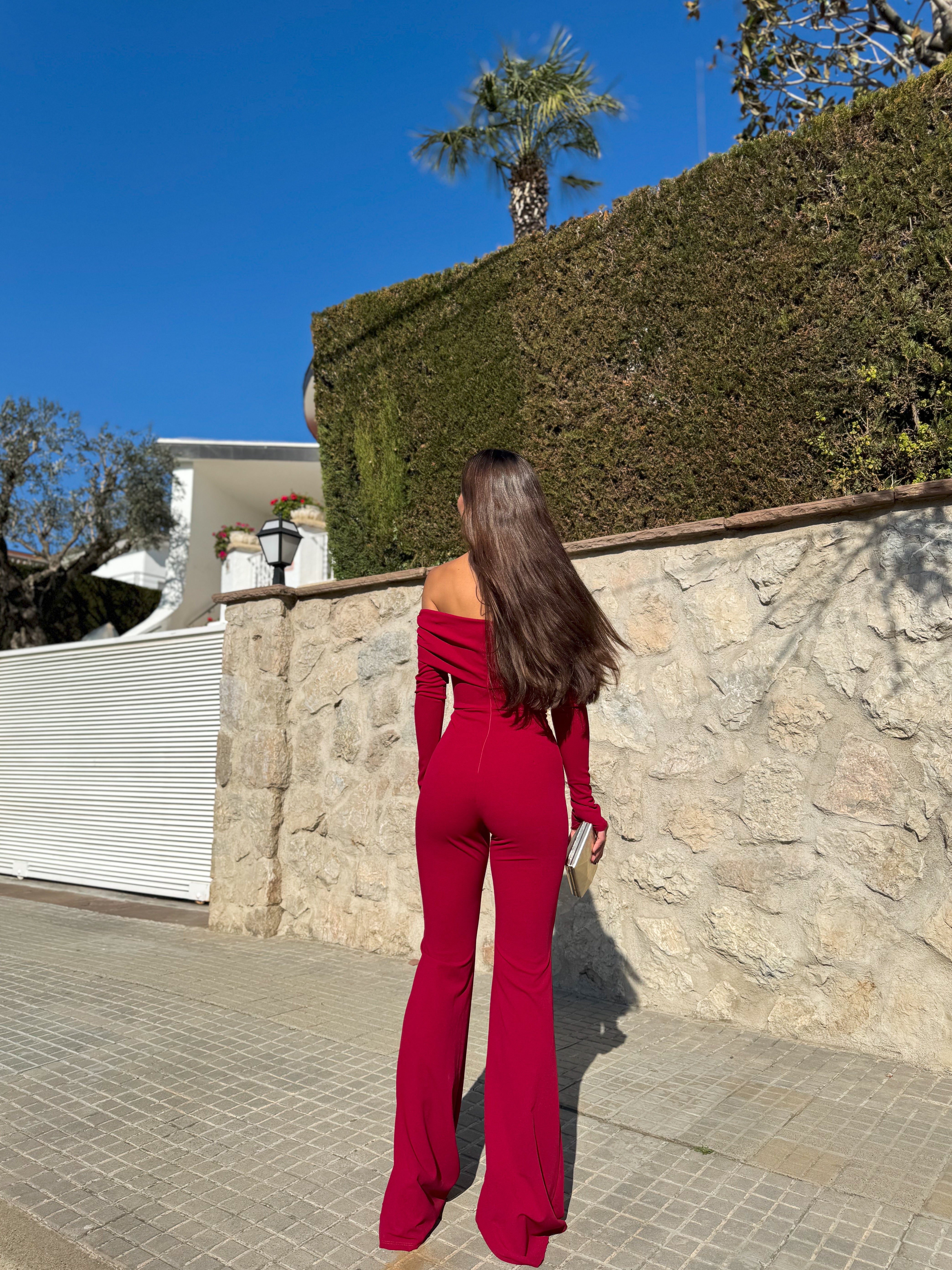 Burgundy double bardot Jumpsuit