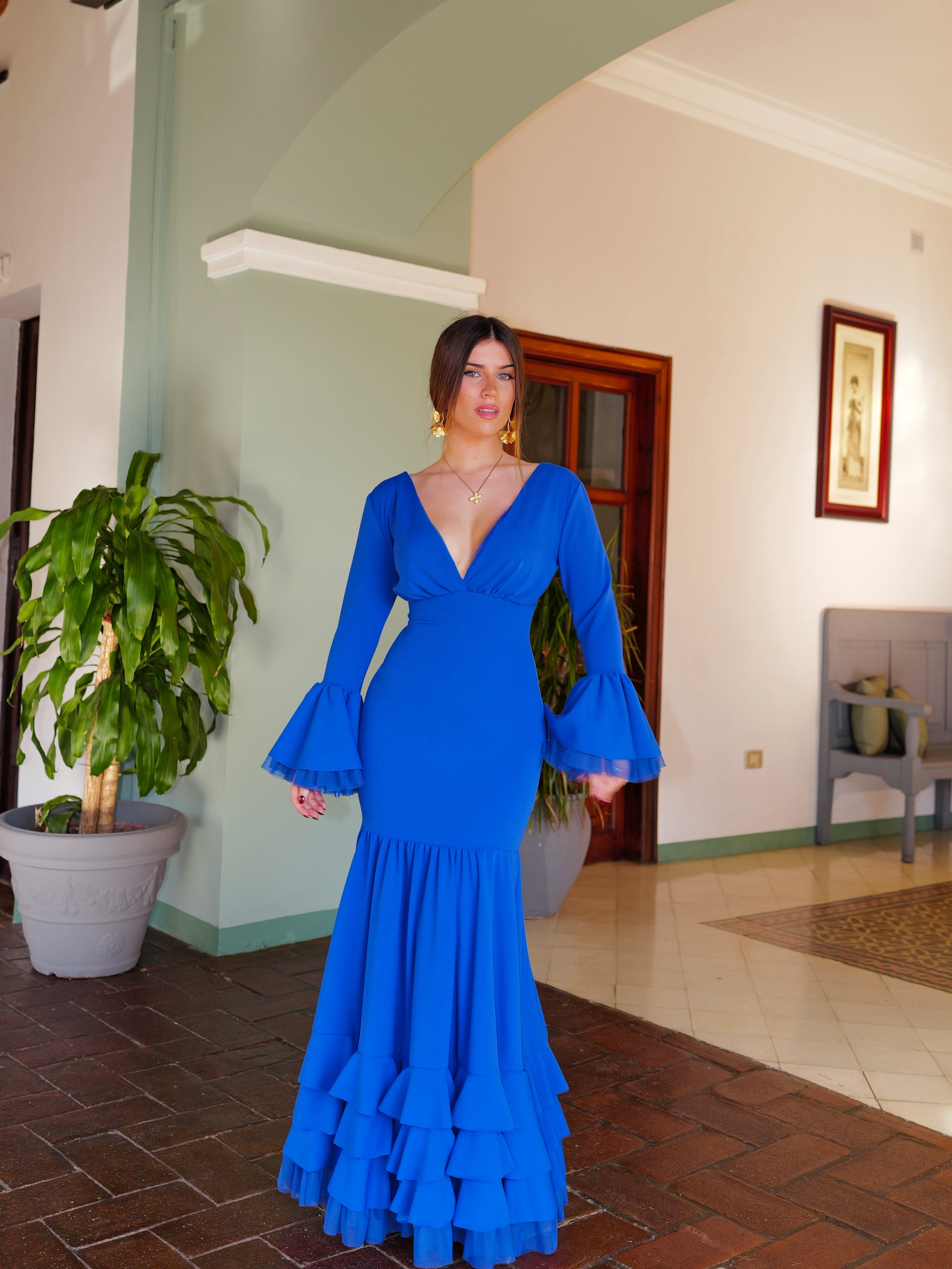 Blue V-neck flamenco dress