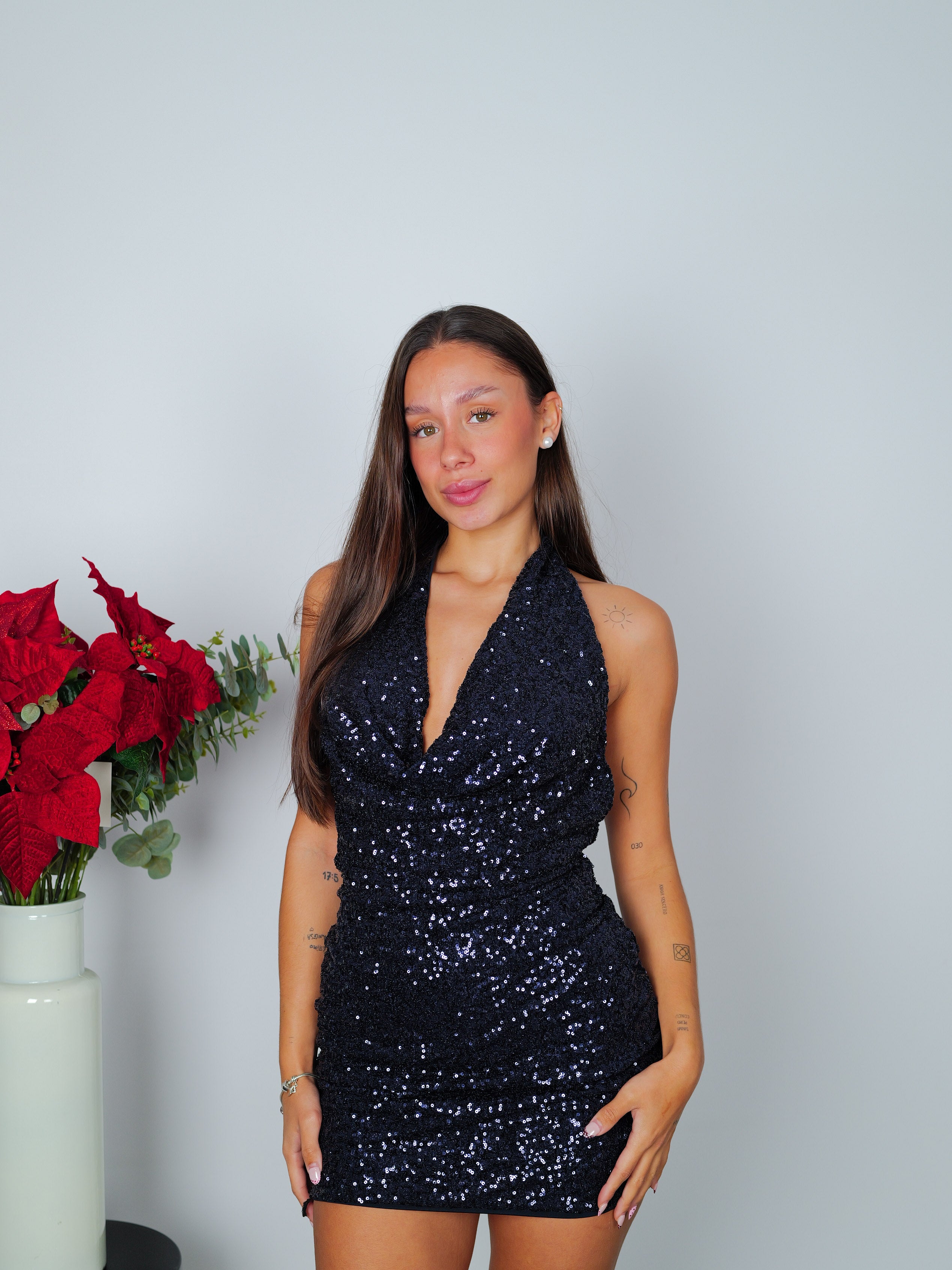 Navy glitter waterfall mini dress