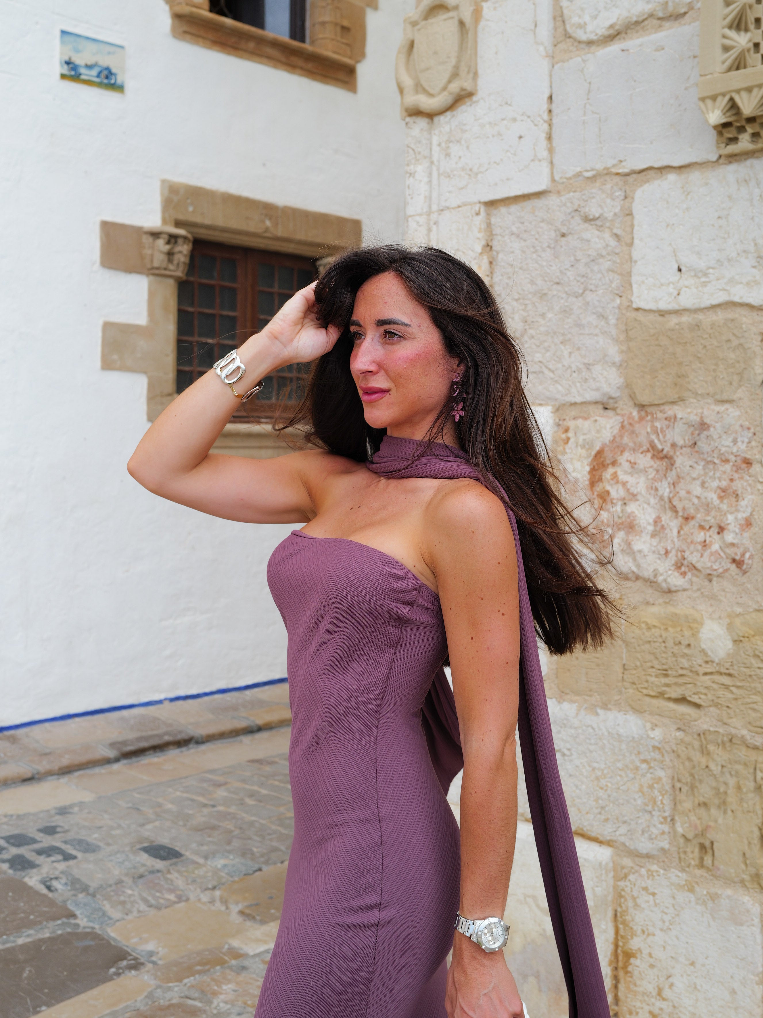 Pleated choker dress eggplant