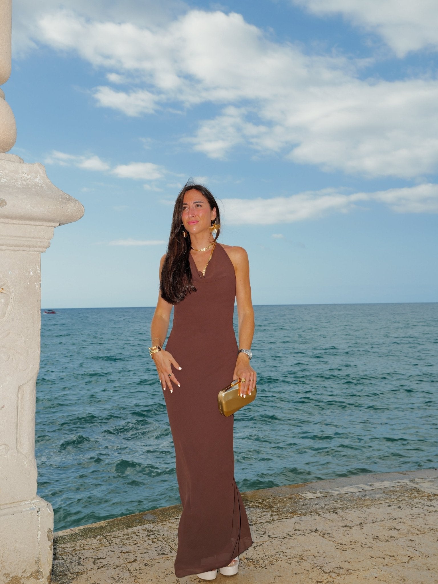 Chocolate chiffon backless waterfall dress - SORELLAS