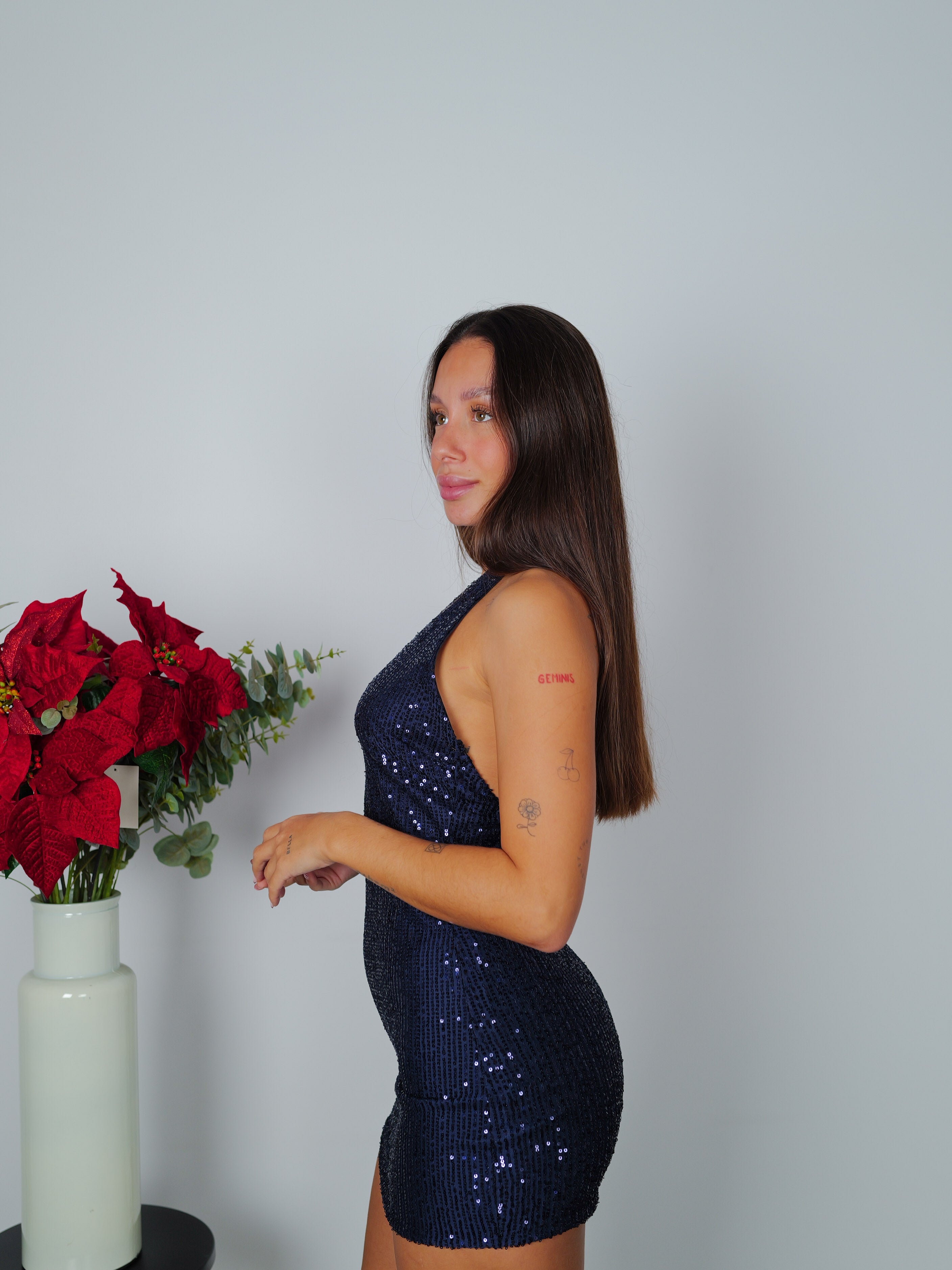 Navy glitter back mini peak dress