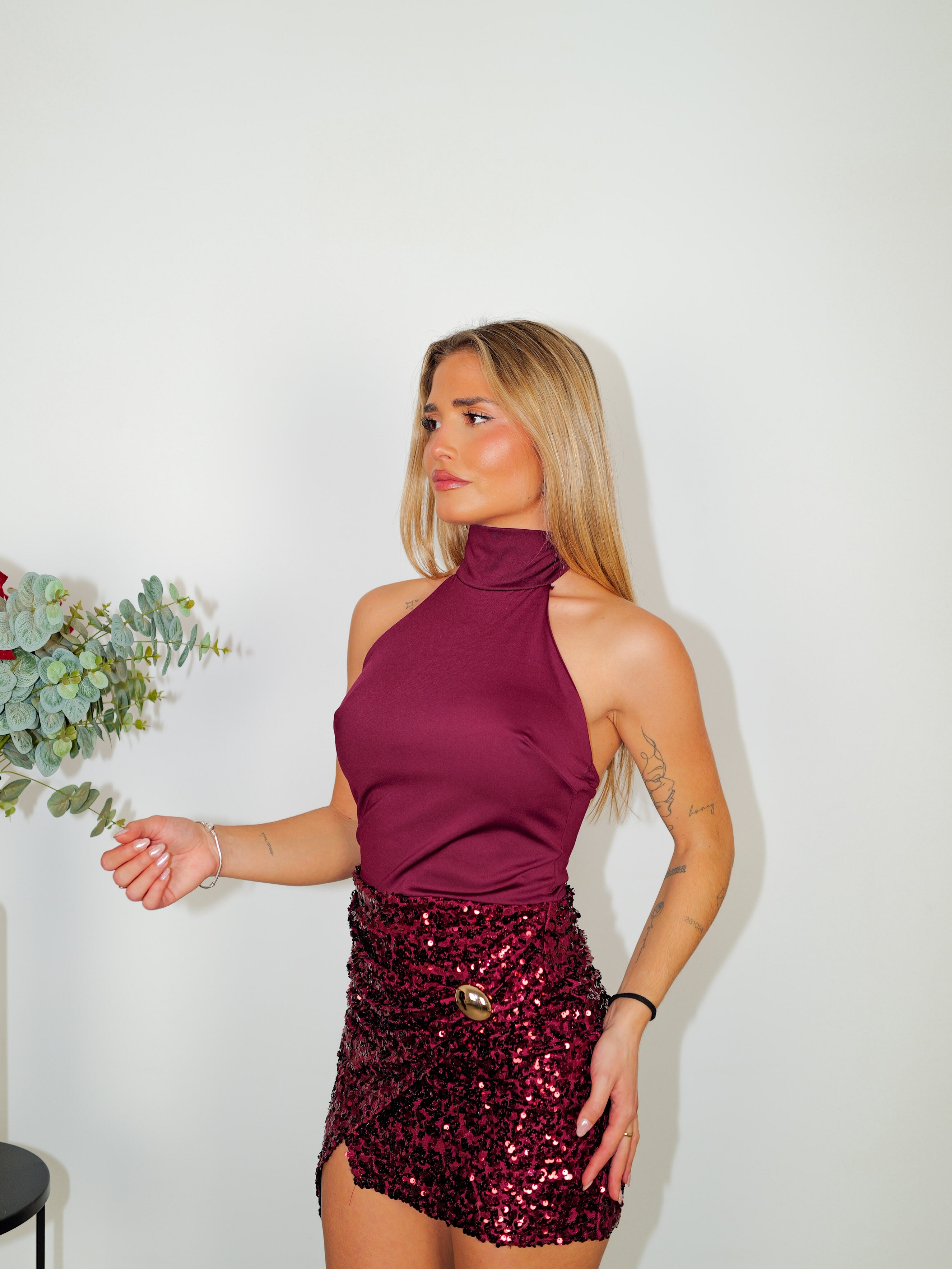 Mini halter dress burgundy glitter skirt