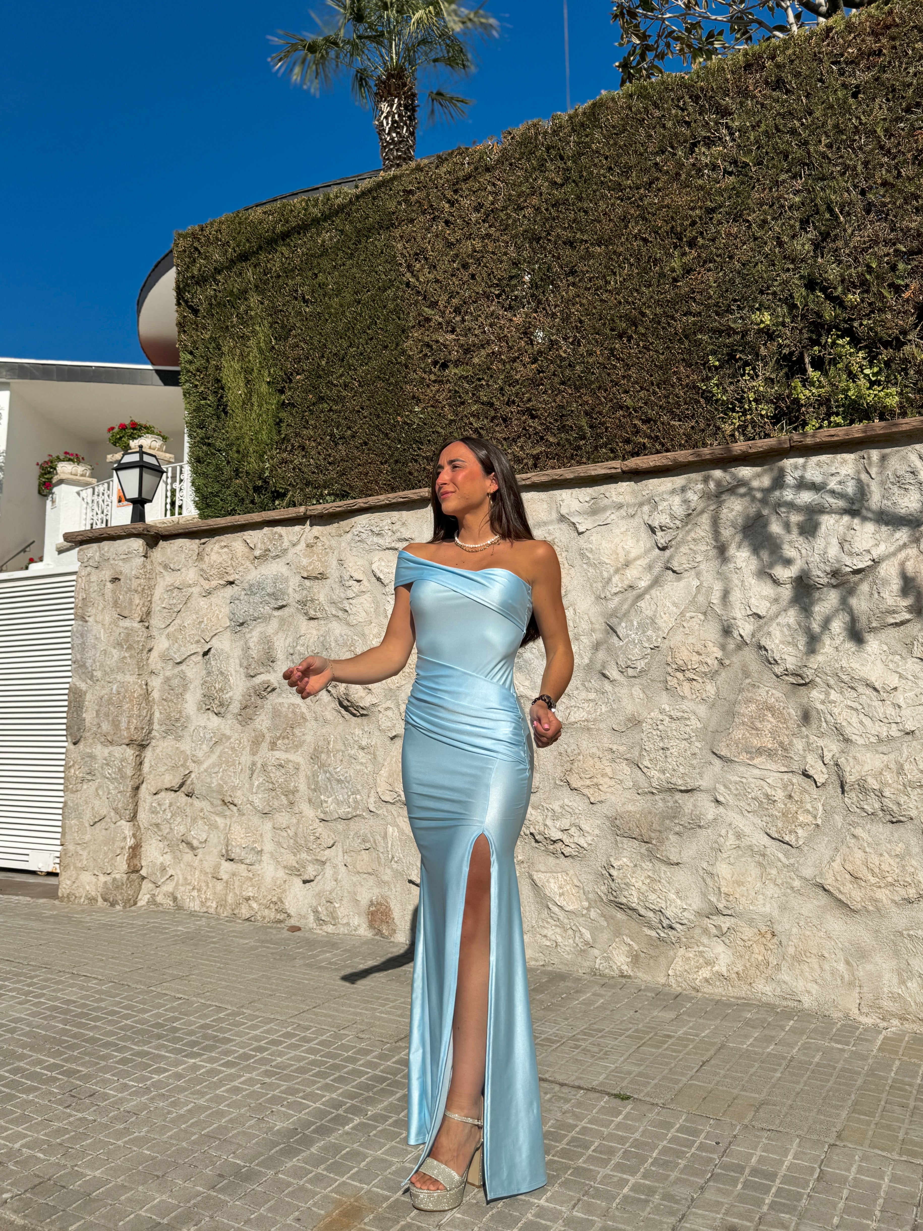 Asymmetrical boat dress sky