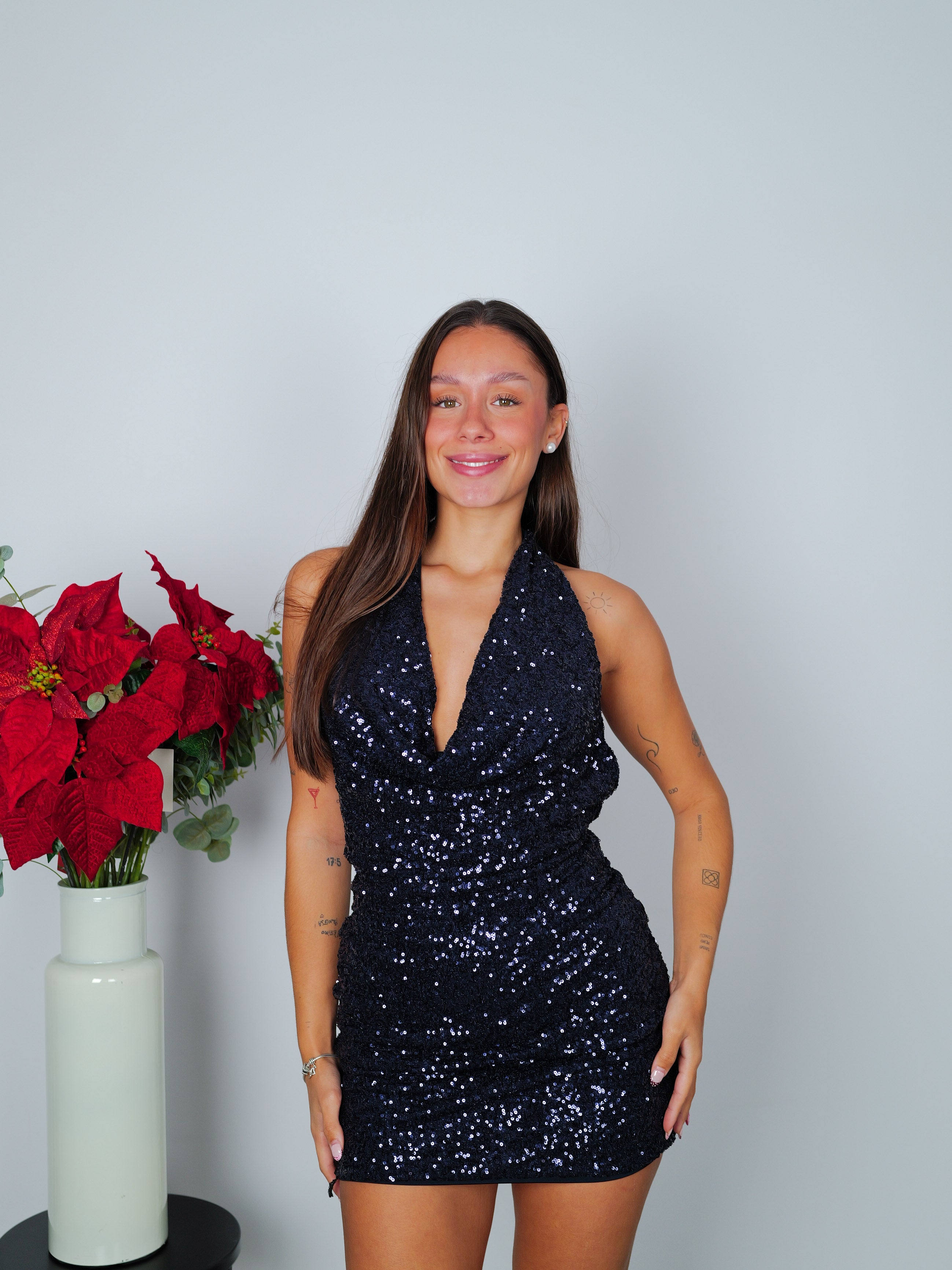 Navy glitter waterfall mini dress