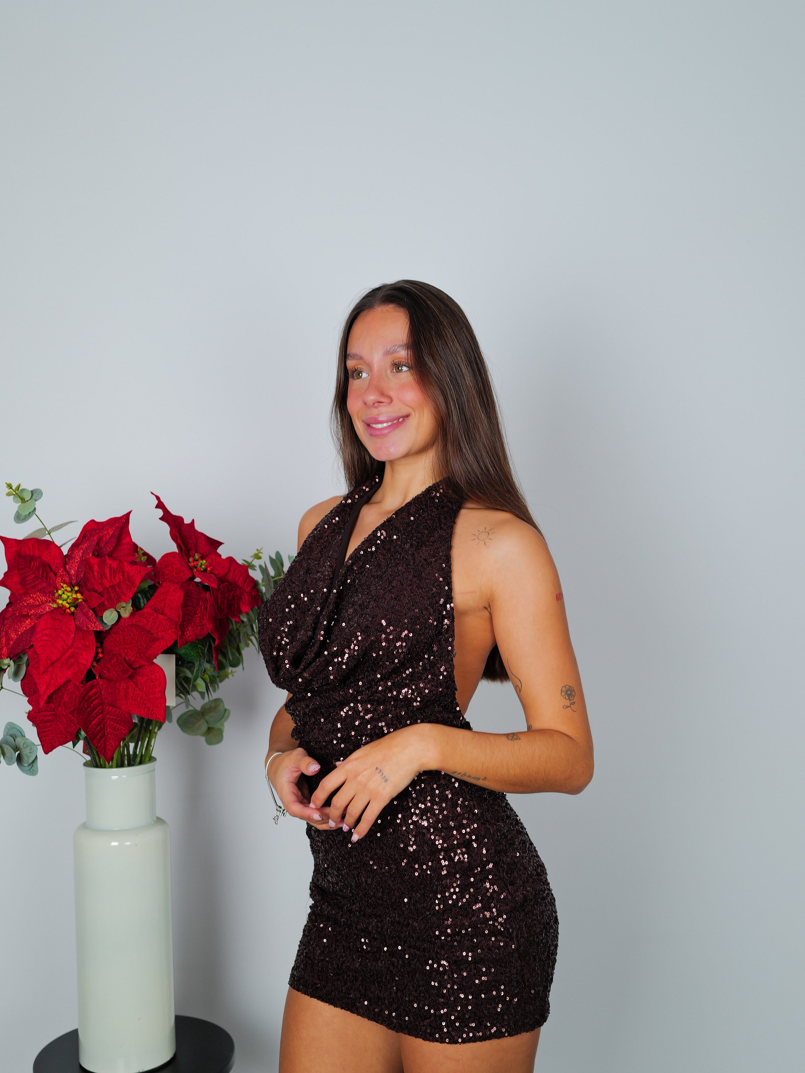 Chocolate glitter waterfall mini dress