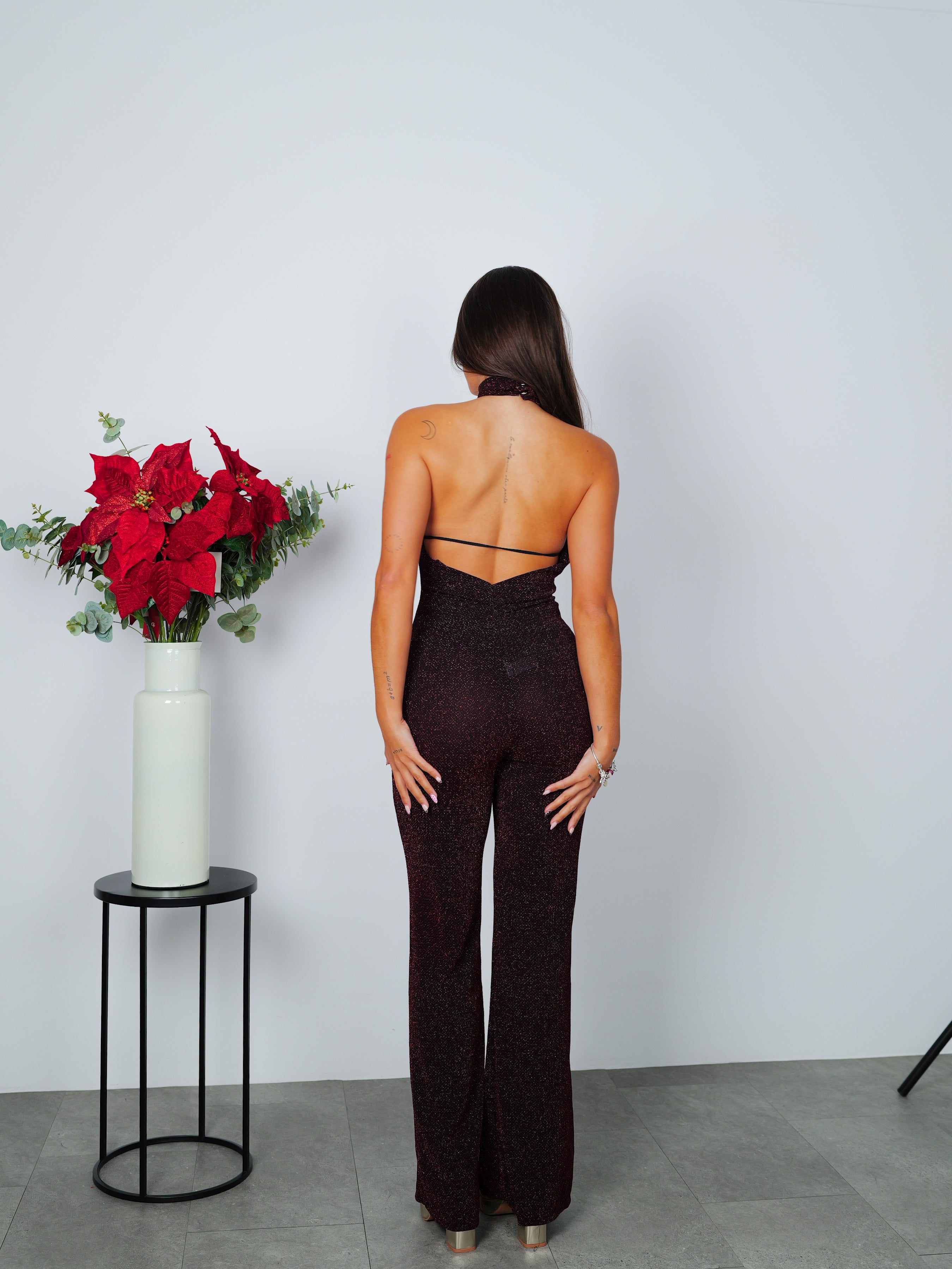 Jumpsuit lurex halter neck burgundy