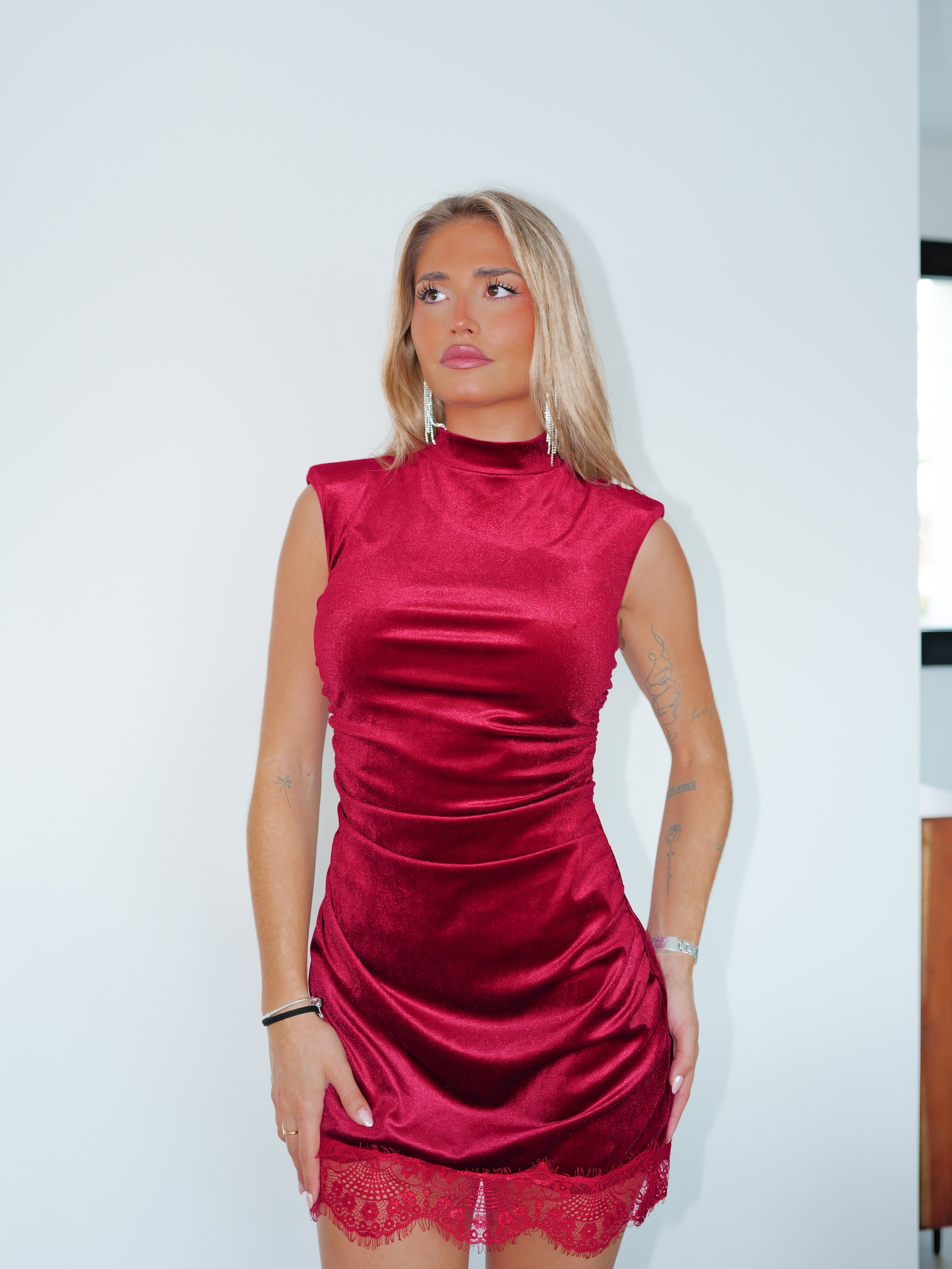 Bordeaux mini velvet dress with burgundy lingerie bottom