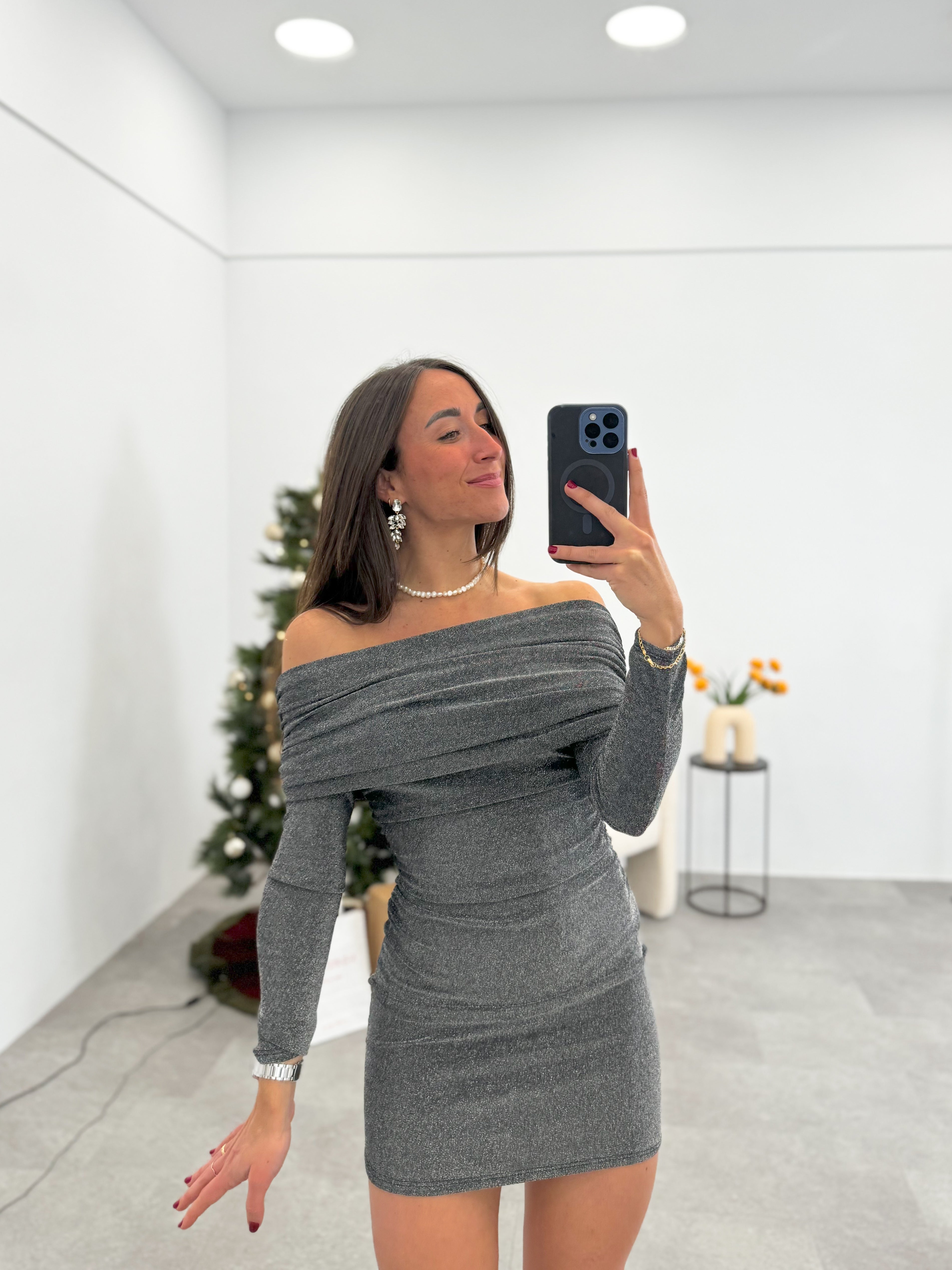 Bardot dress lurex silver