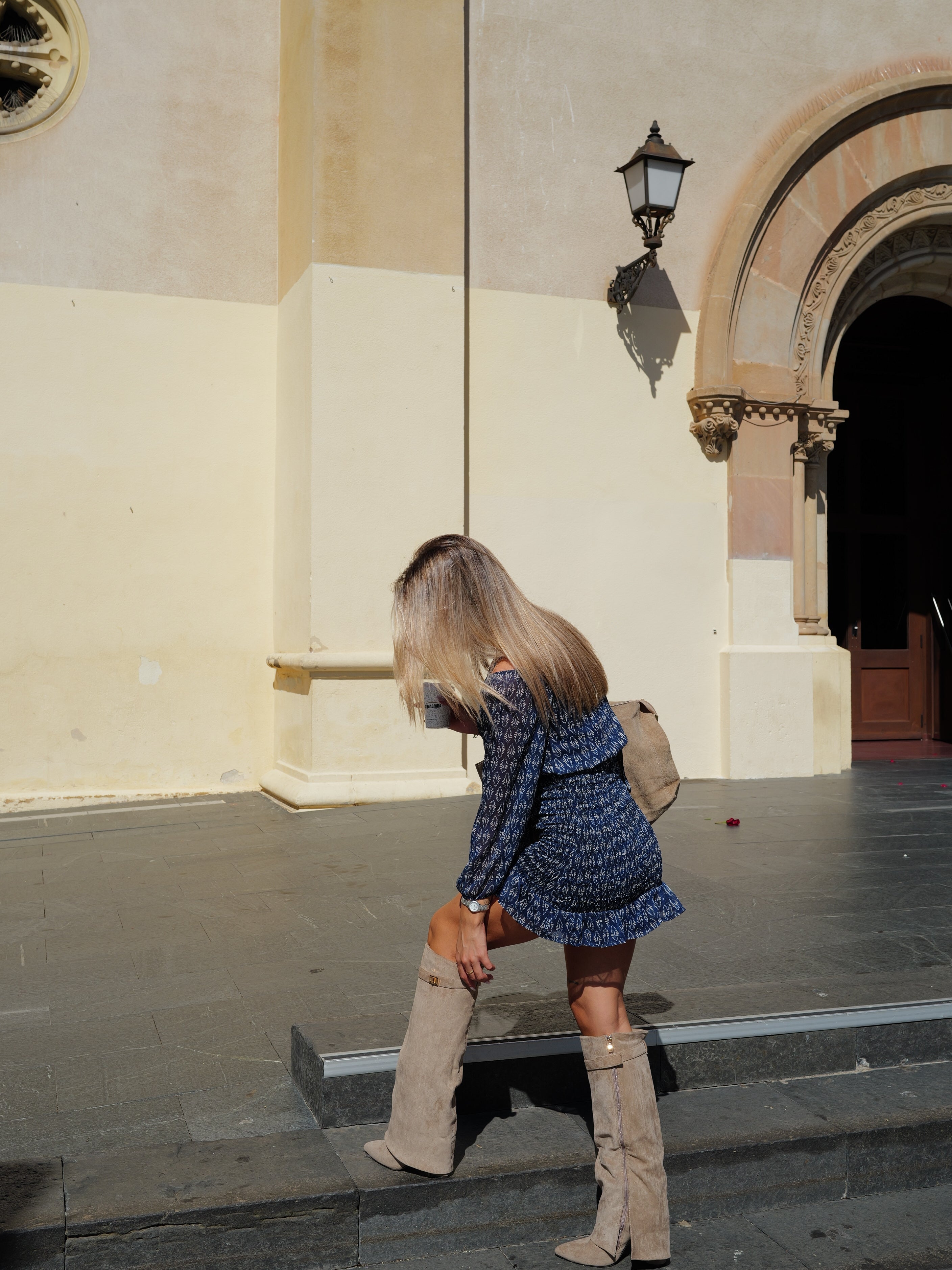 Beige suede detail flap heel boot