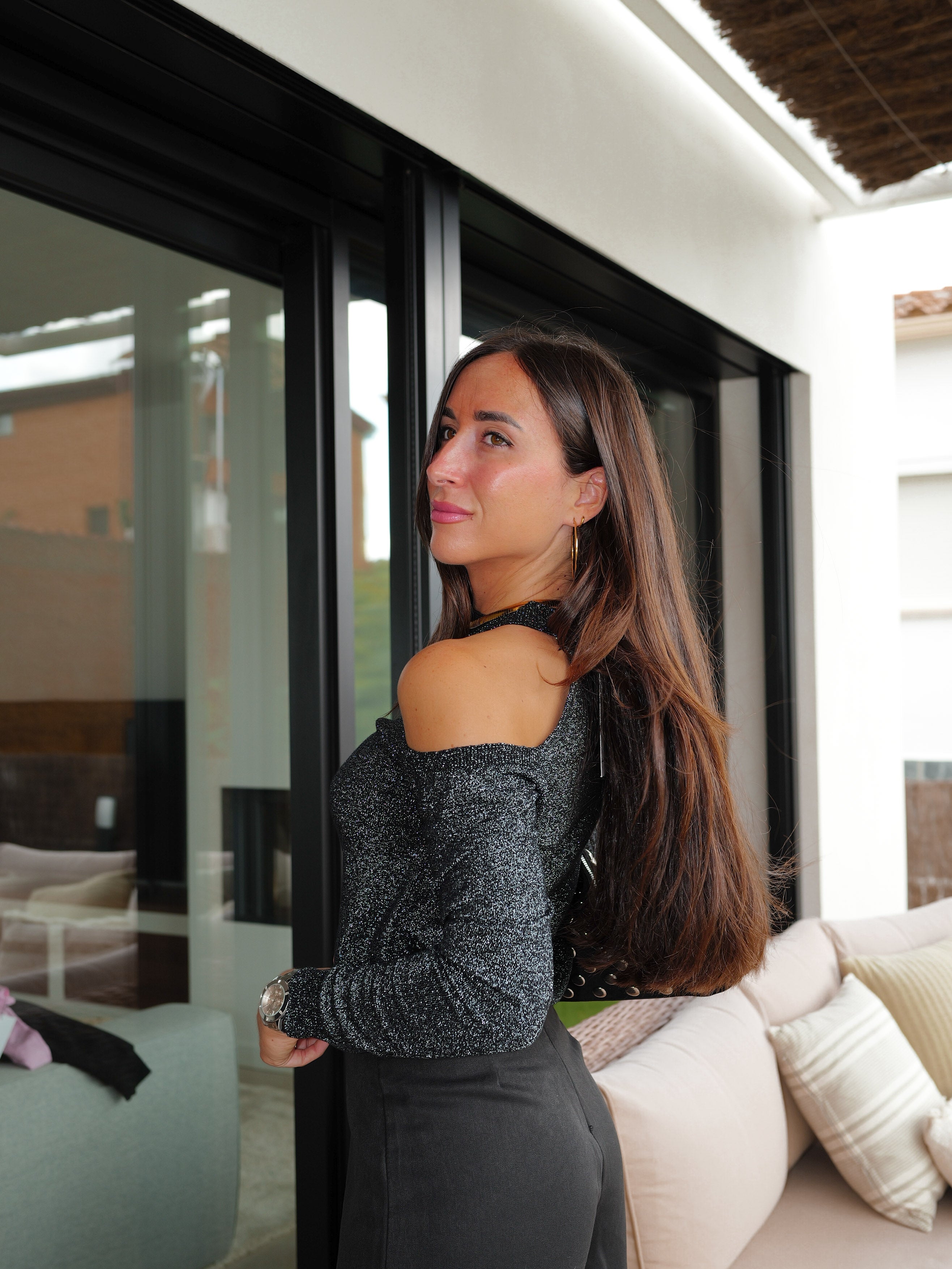 Black shiny shoulders sweater