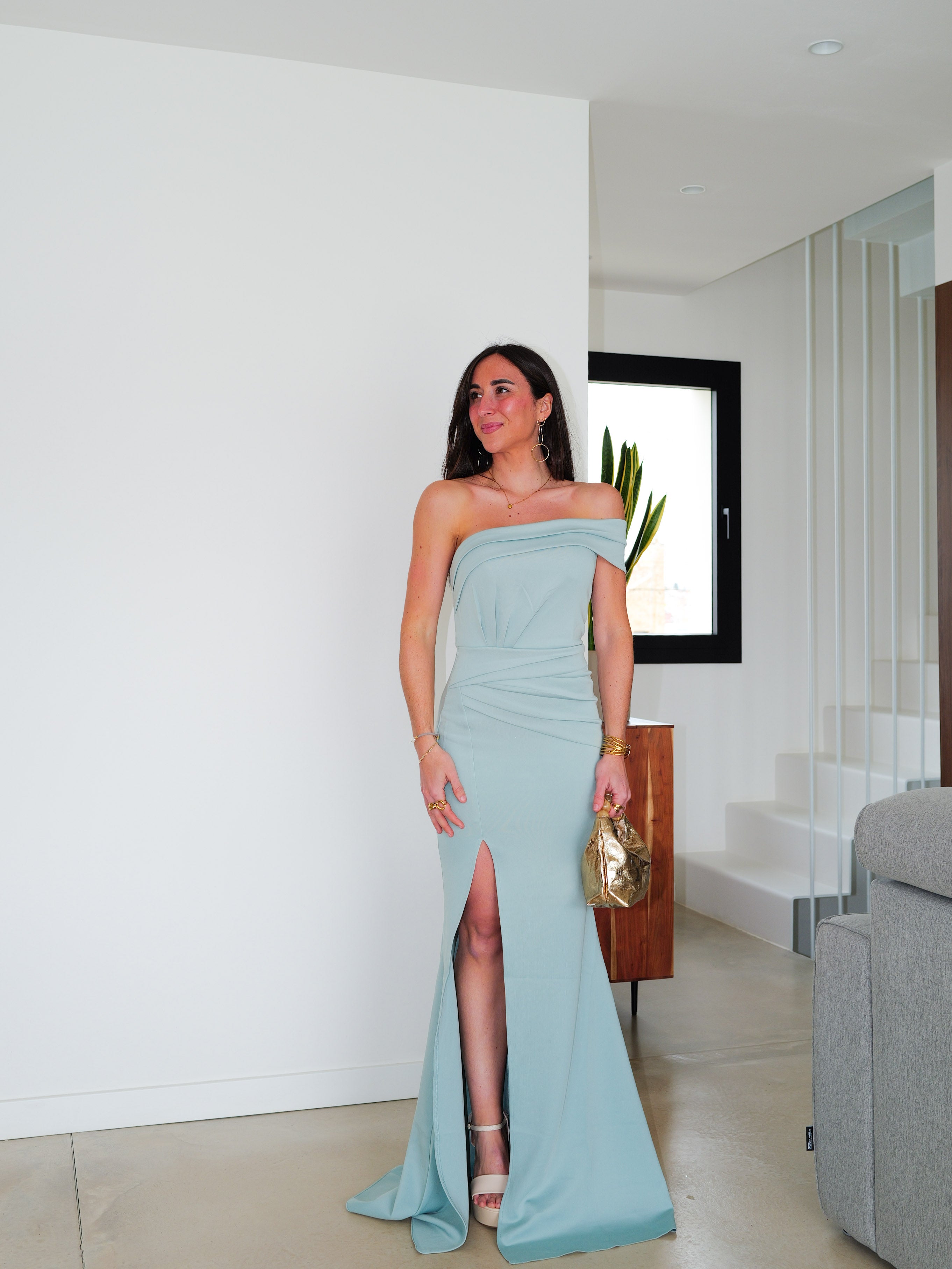 Asymmetrical mint ruffled bandeau dress