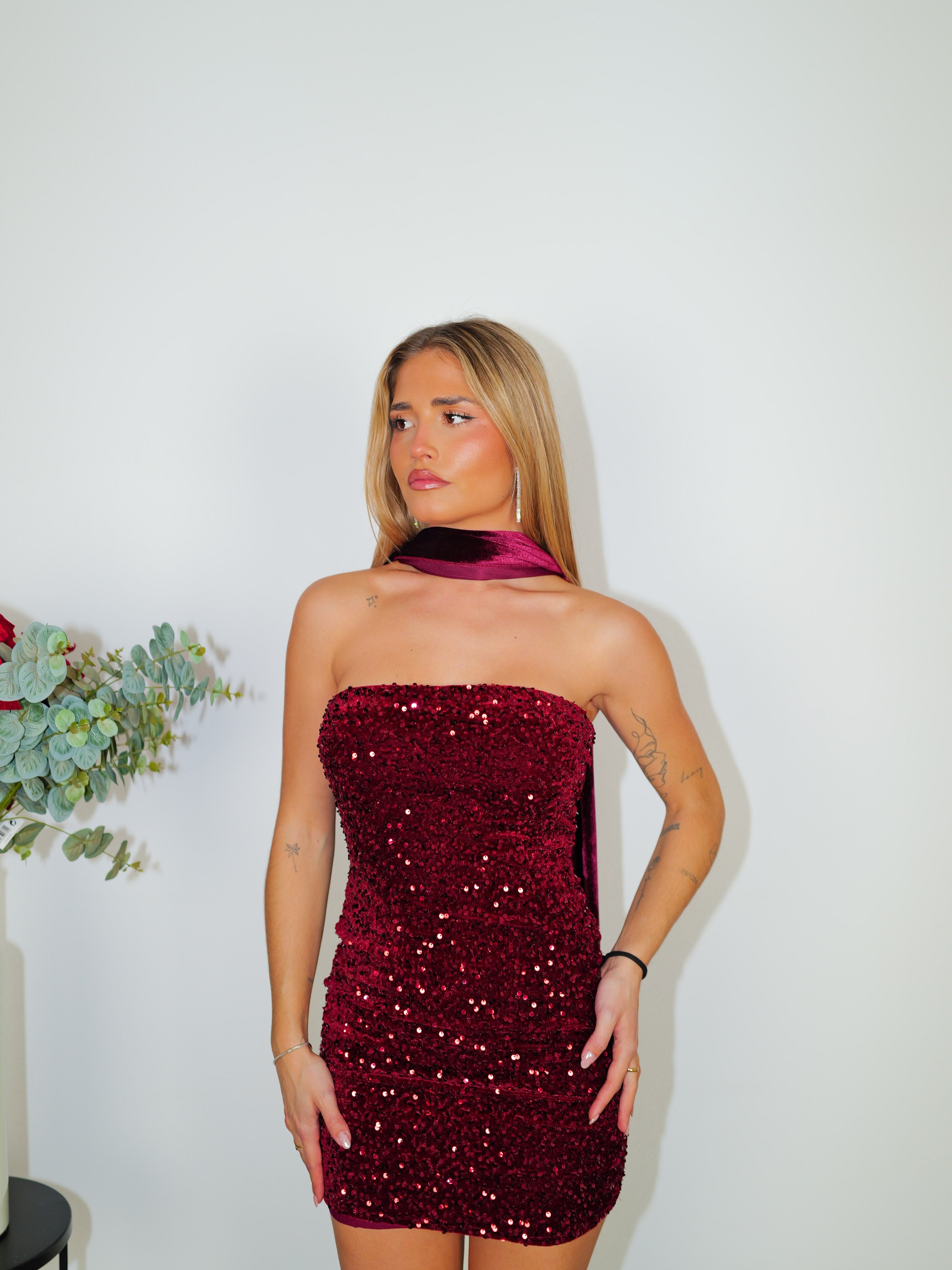 Burgundy glitter word mini choker dress